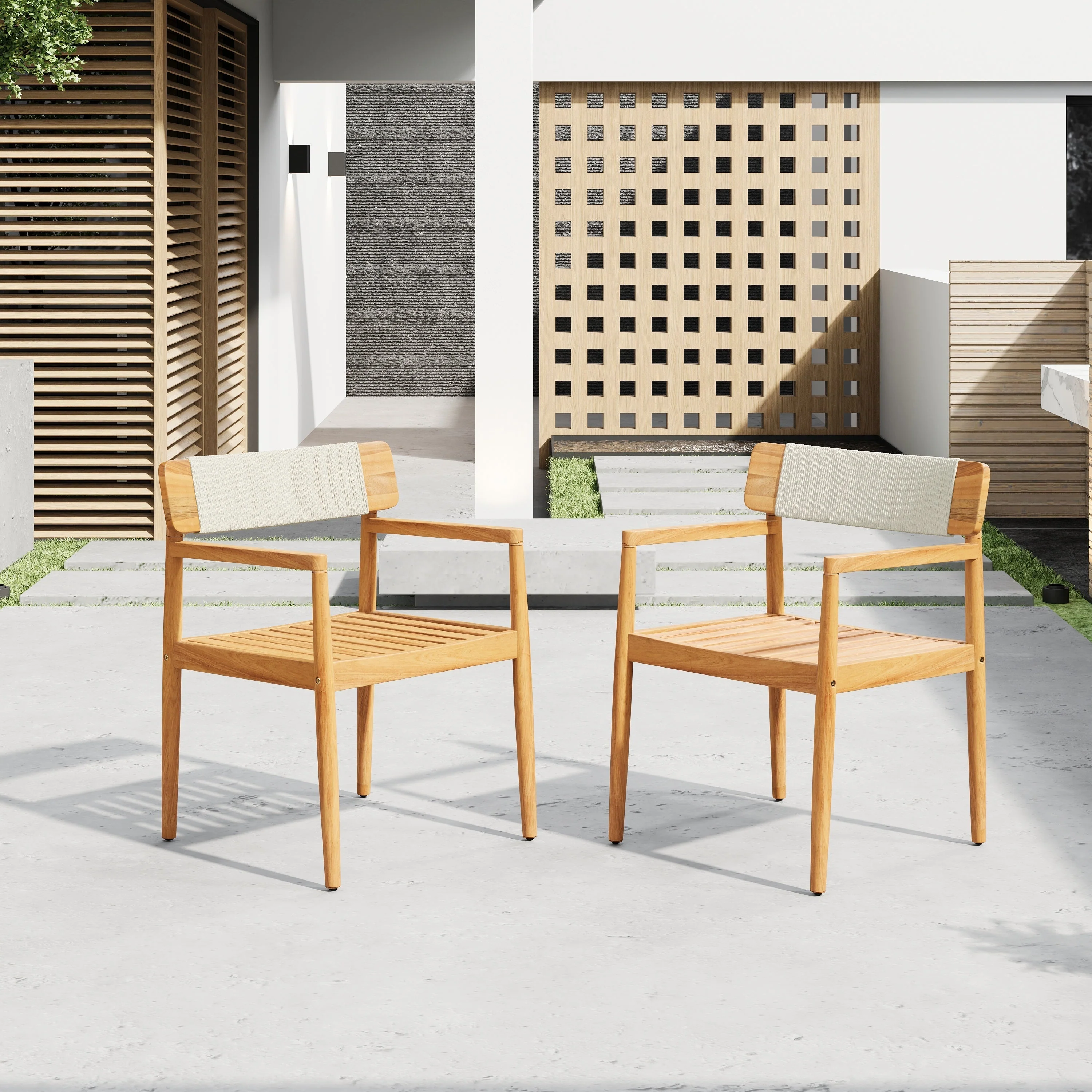 Creative Braided Acacia Wood Outdoor Dining Chairs with Armrests – Set of 2 - Image 2