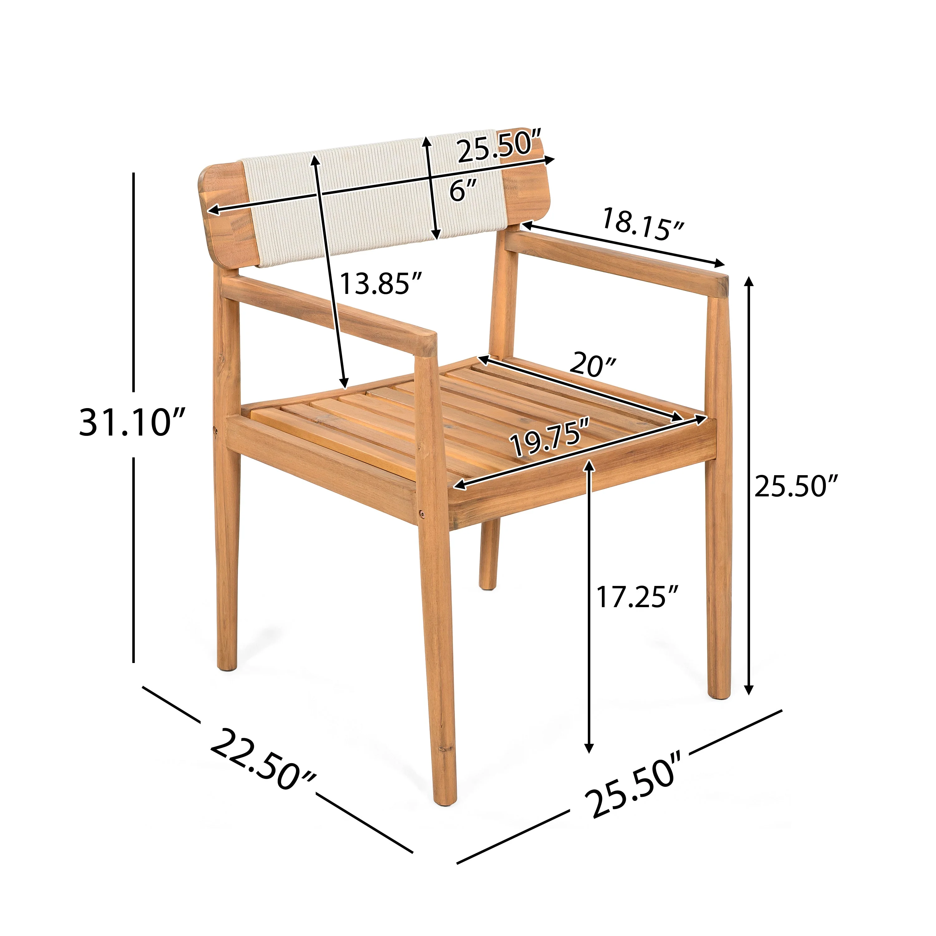 Creative Braided Acacia Wood Outdoor Dining Chairs with Armrests – Set of 2 - Image 3