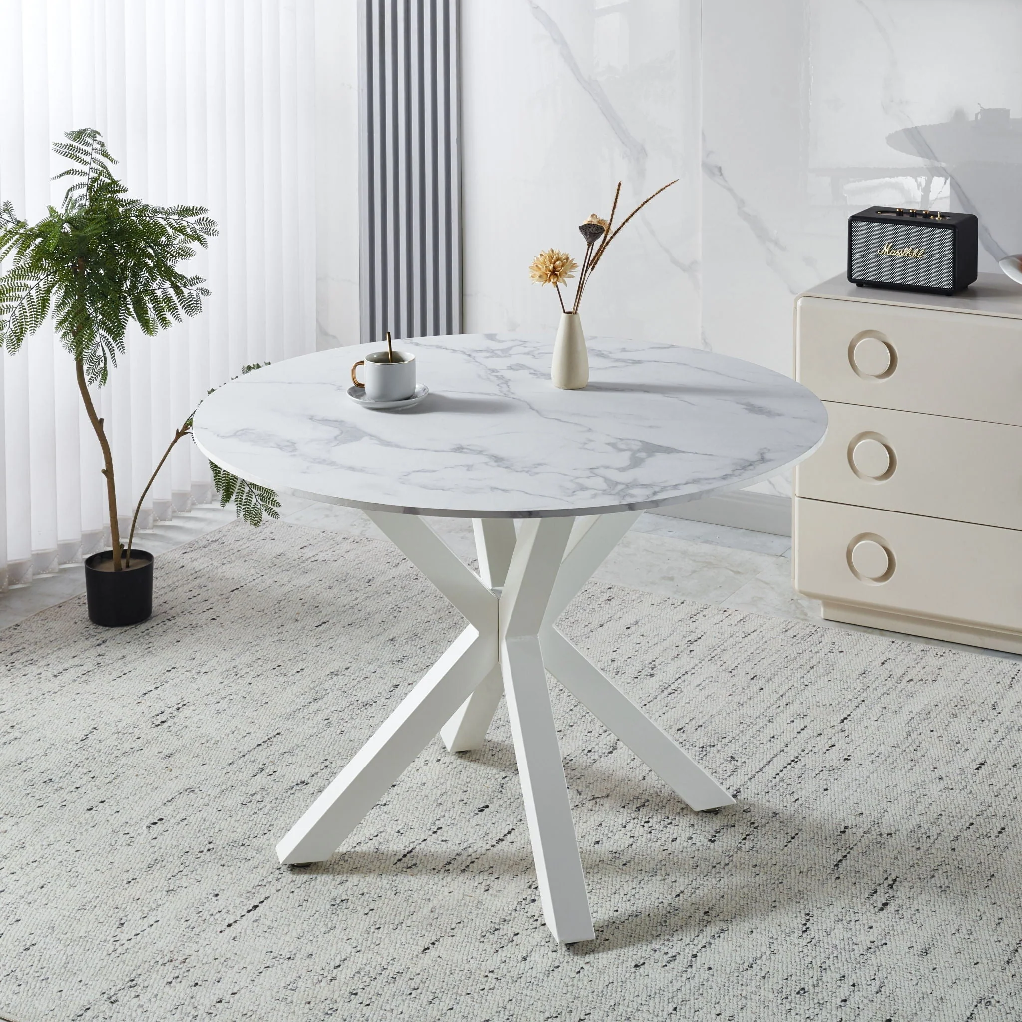 Cross Leg Dining Table With Round Top, For 4 - 6 People - White - Image 4