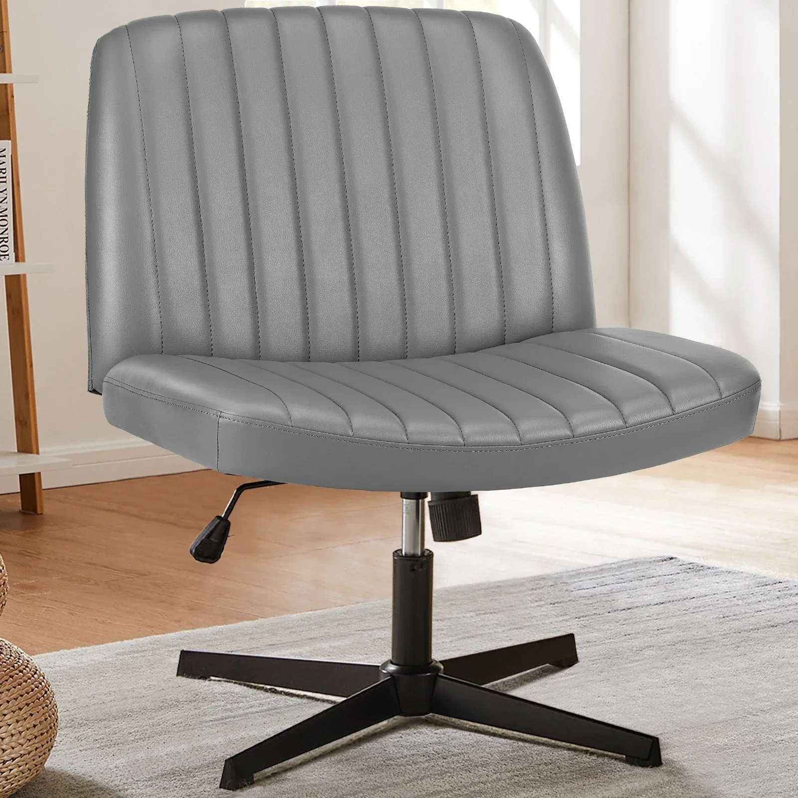 Cross Legged Office Chair Armless Wide Seat Swivel Fabric Desk Vanity Chair - Image 11