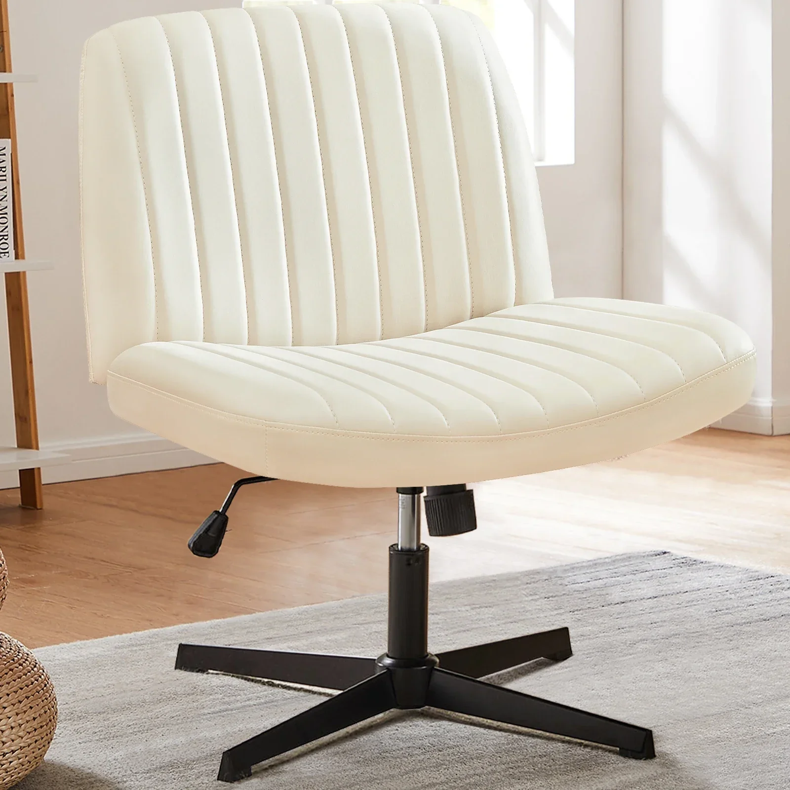 Cross Legged Office Chair Armless Wide Seat Swivel Fabric Desk Vanity Chair - Image 12