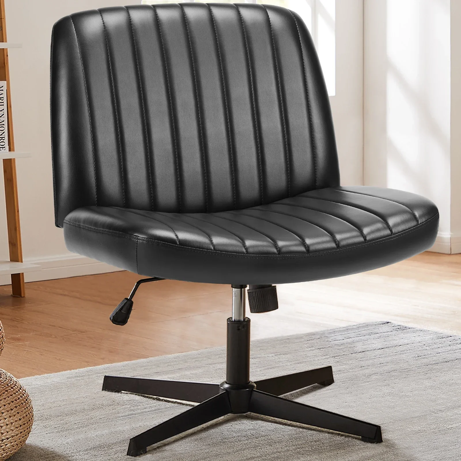 Cross Legged Office Chair Armless Wide Seat Swivel Fabric Desk Vanity Chair - Image 14
