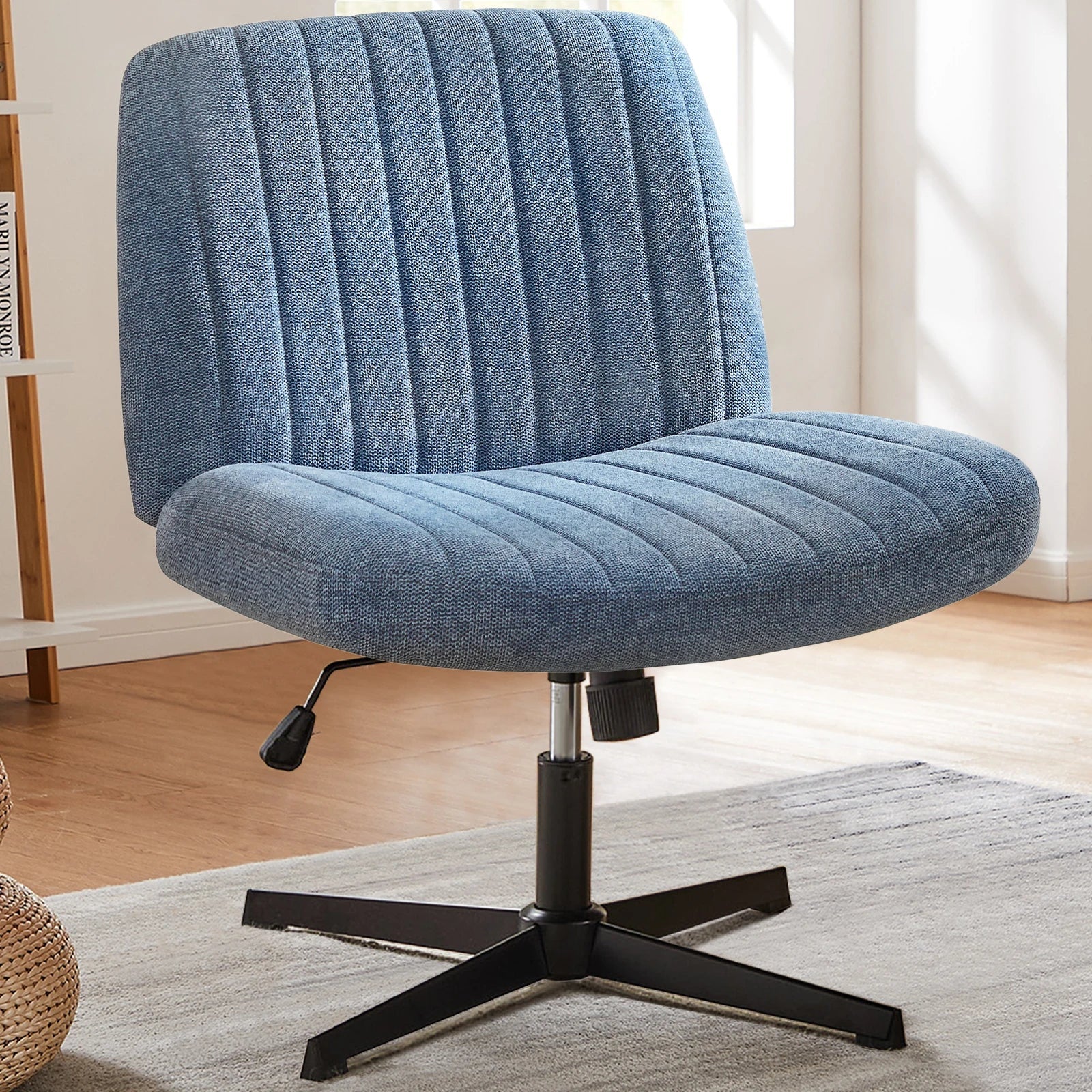 Cross Legged Office Chair Armless Wide Seat Swivel Fabric Desk Vanity Chair - Image 15