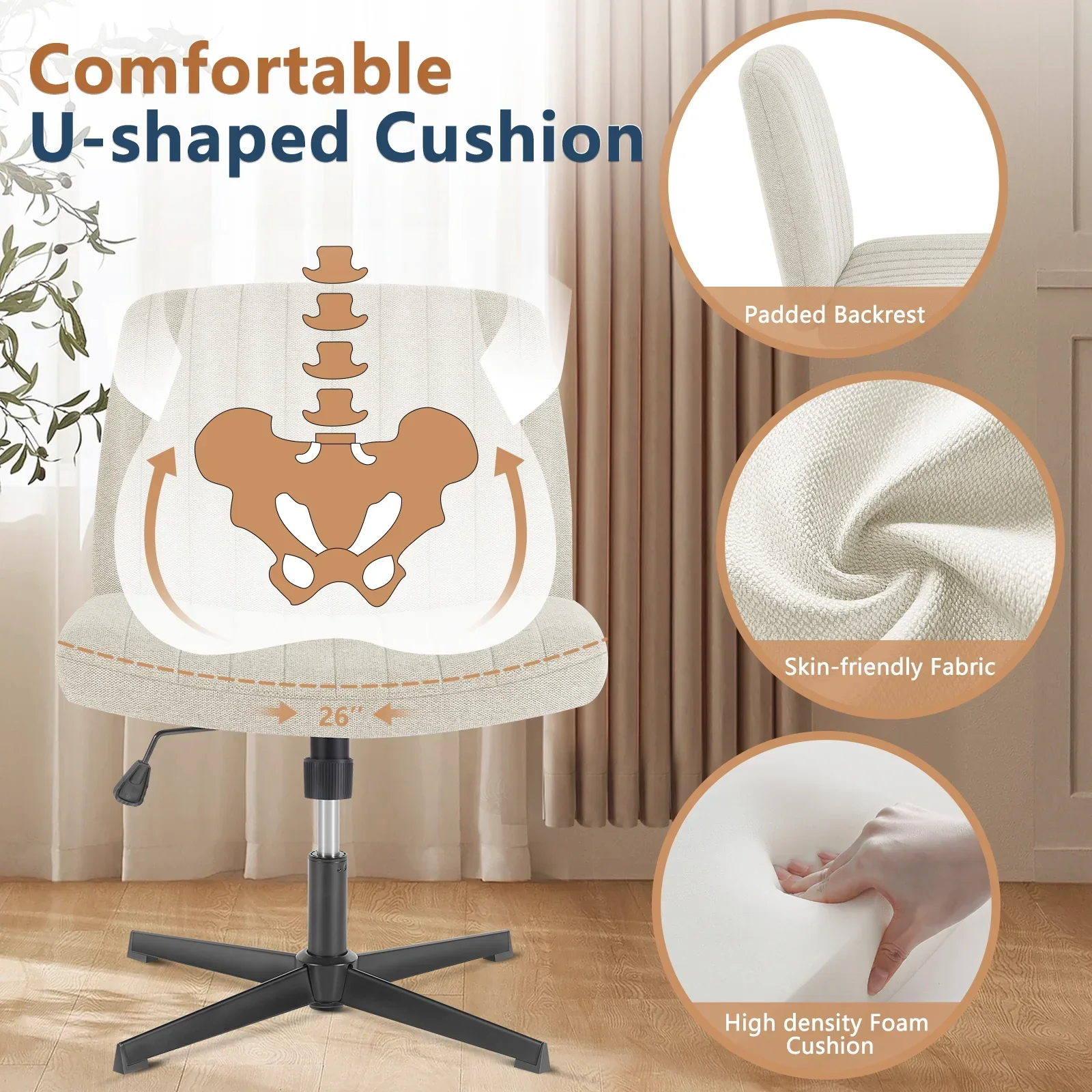 Cross Legged Office Chair Armless Wide Seat Swivel Fabric Desk Vanity Chair - Image 2