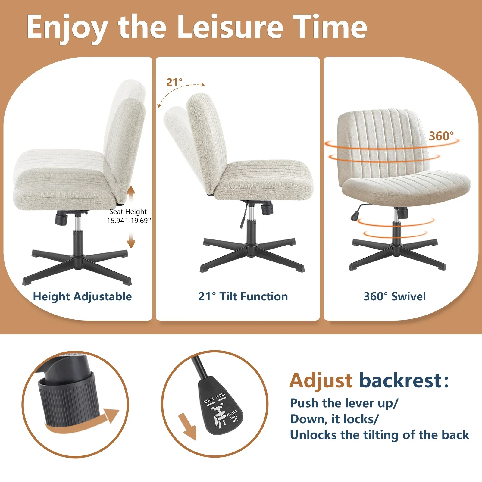 Cross Legged Office Chair Armless Wide Seat Swivel Fabric Desk Vanity Chair - Image 3