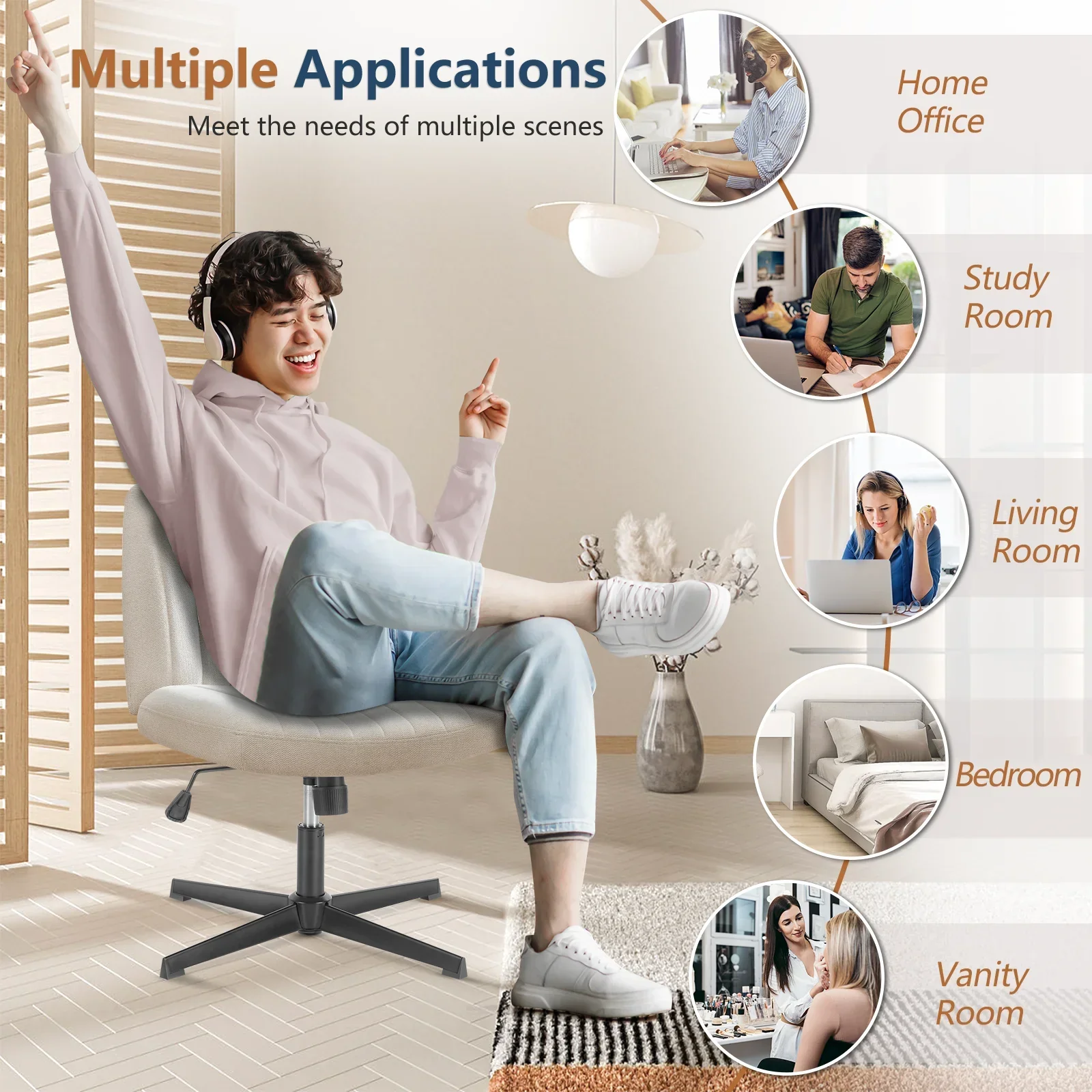 Cross Legged Office Chair Armless Wide Seat Swivel Fabric Desk Vanity Chair - Image 5