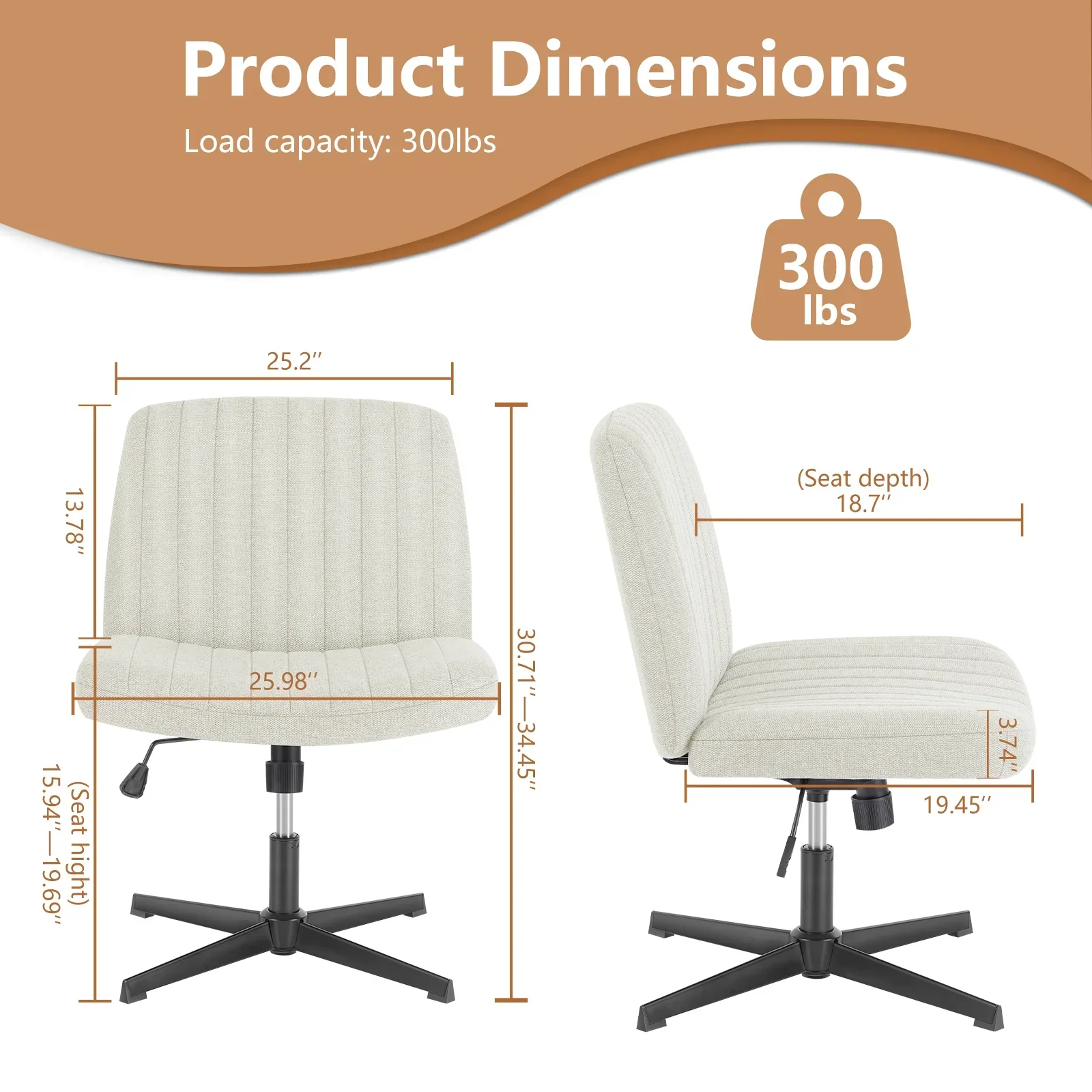 Cross Legged Office Chair Armless Wide Seat Swivel Fabric Desk Vanity Chair - Image 6