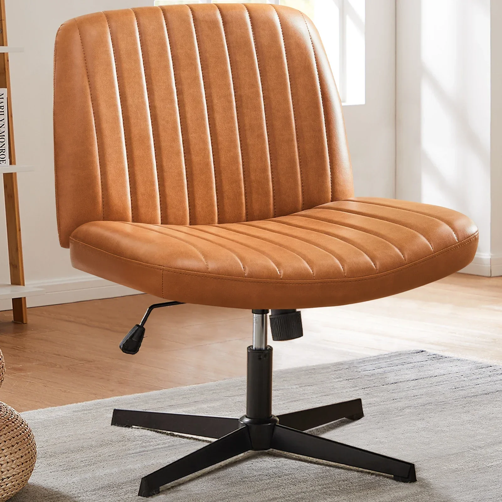 Cross Legged Office Chair Armless Wide Seat Swivel Fabric Desk Vanity Chair - Image 9