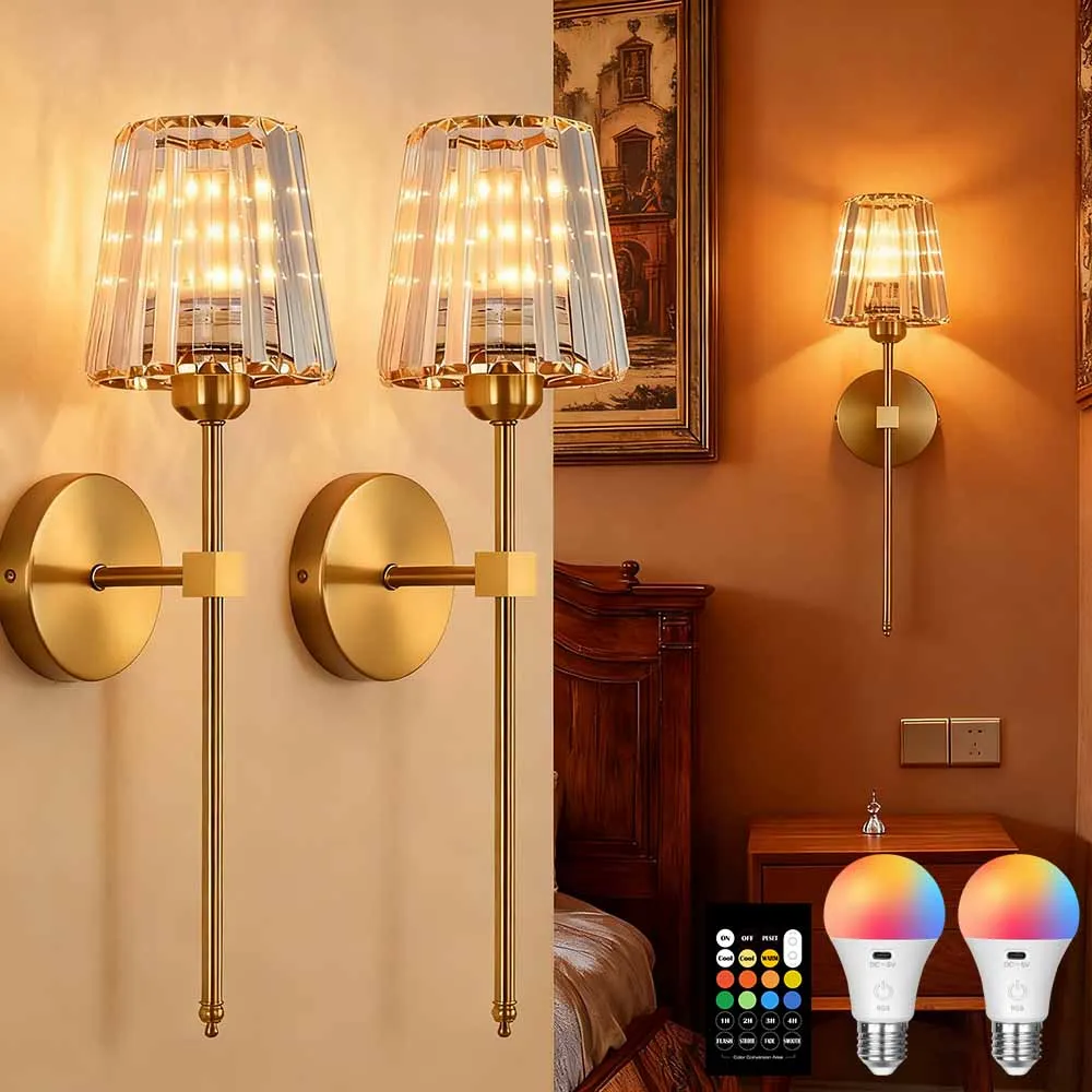 Crystal Wall Lamp 1/2PCS – RGB Dimmable Wireless Sconce with Remote for Bedroom