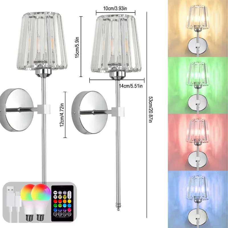 Crystal Wall Lamp 1/2PCS – RGB Dimmable Wireless Sconce with Remote for Bedroom - Image 10