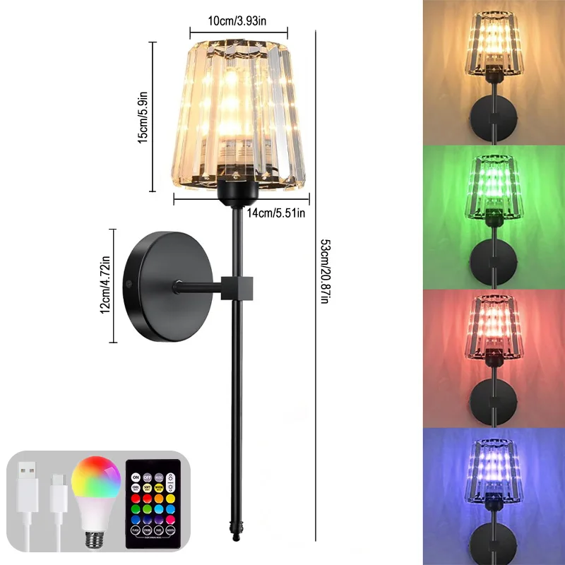 Crystal Wall Lamp 1/2PCS – RGB Dimmable Wireless Sconce with Remote for Bedroom - Image 11