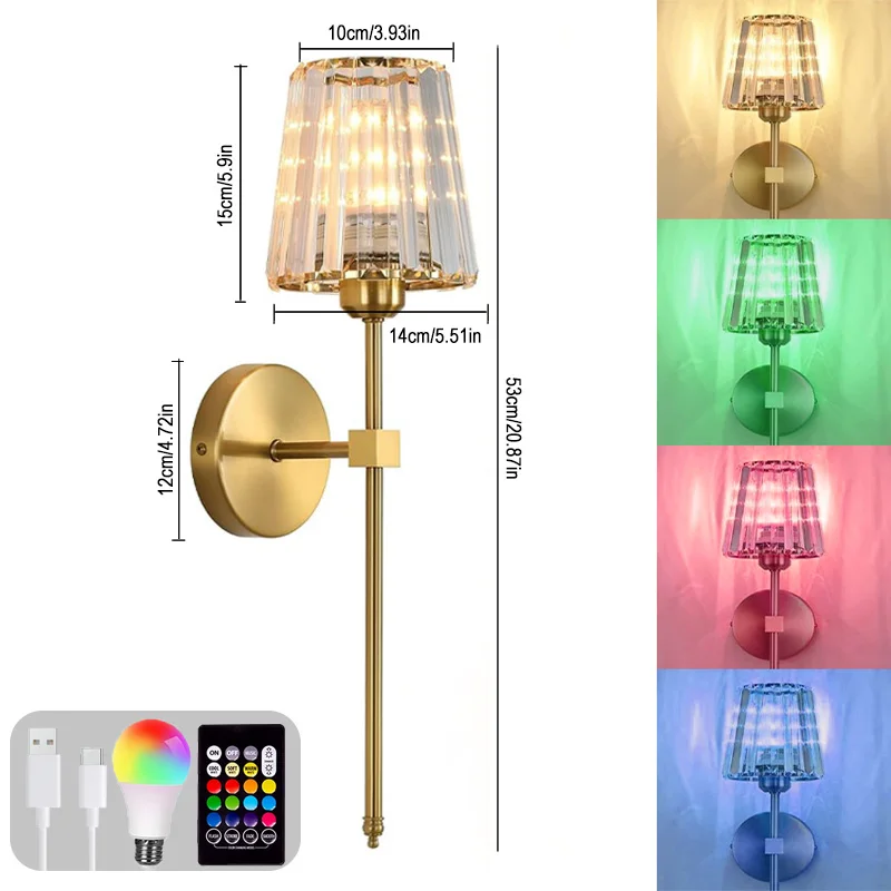 Crystal Wall Lamp 1/2PCS – RGB Dimmable Wireless Sconce with Remote for Bedroom - Image 12