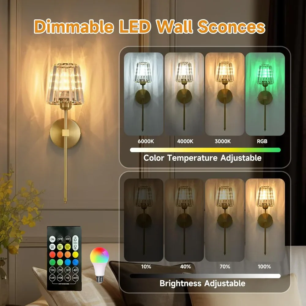 Crystal Wall Lamp 1/2PCS – RGB Dimmable Wireless Sconce with Remote for Bedroom - Image 2