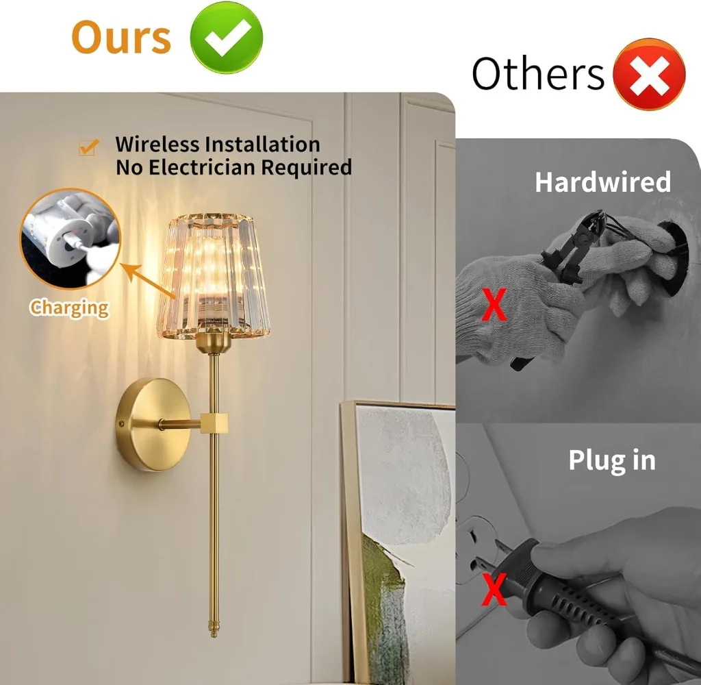 Crystal Wall Lamp 1/2PCS – RGB Dimmable Wireless Sconce with Remote for Bedroom - Image 3