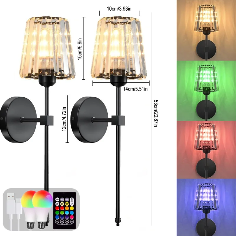 Crystal Wall Lamp 1/2PCS – RGB Dimmable Wireless Sconce with Remote for Bedroom - Image 7