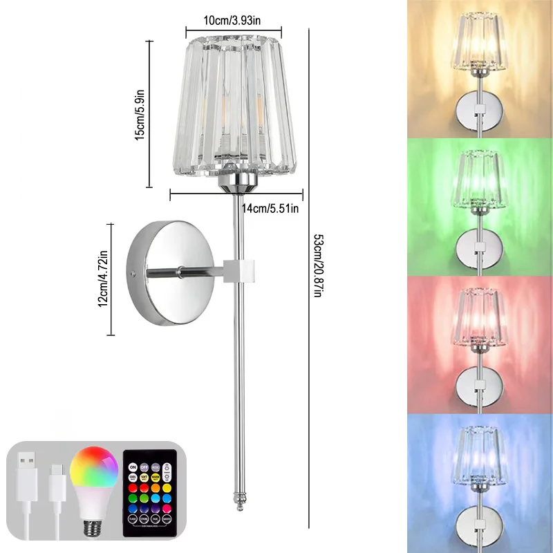Crystal Wall Lamp 1/2PCS – RGB Dimmable Wireless Sconce with Remote for Bedroom - Image 8