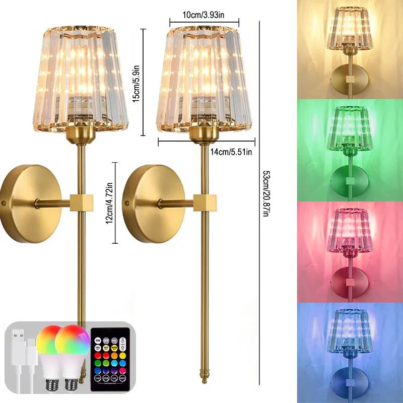 Crystal Wall Lamp 1/2PCS – RGB Dimmable Wireless Sconce with Remote for Bedroom - Image 9