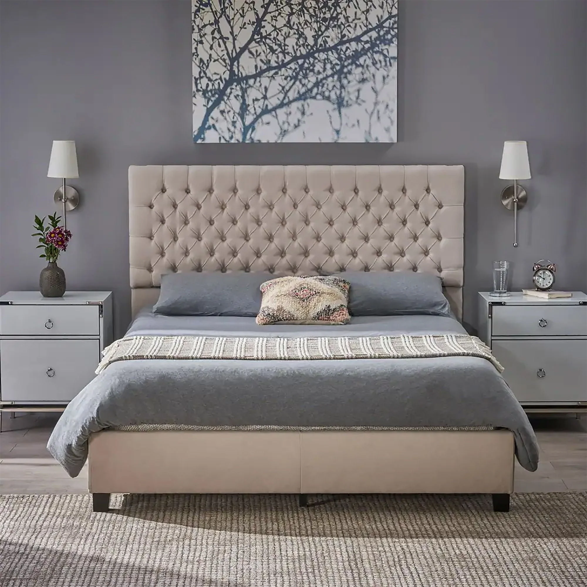 Cumulus Fully Upholstered Fabric Queen Bed Set - Ivory - Image 4