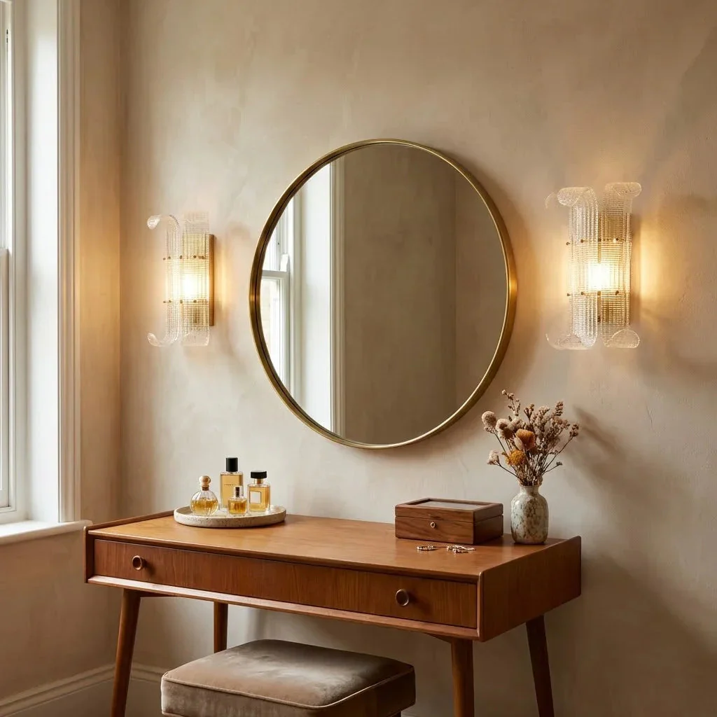 Curved Glass Drum Wall Lamp – Vintage Gold Black Grid Glass Sconce E12/E14 - Image 3