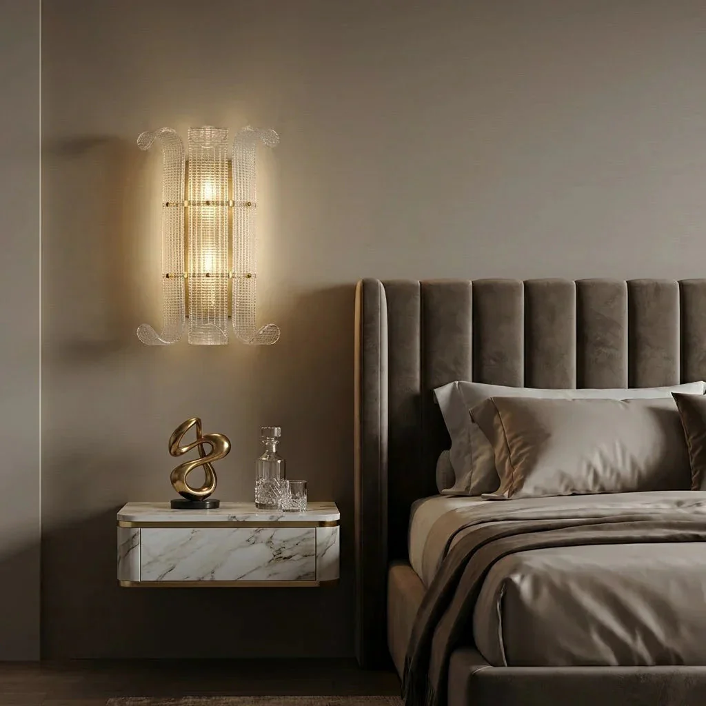 Curved Glass Drum Wall Lamp – Vintage Gold Black Grid Glass Sconce E12/E14 - Image 7