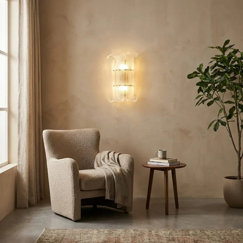 Curved Glass Drum Wall Lamp – Vintage Gold Black Grid Glass Sconce E12/E14 - Image 8