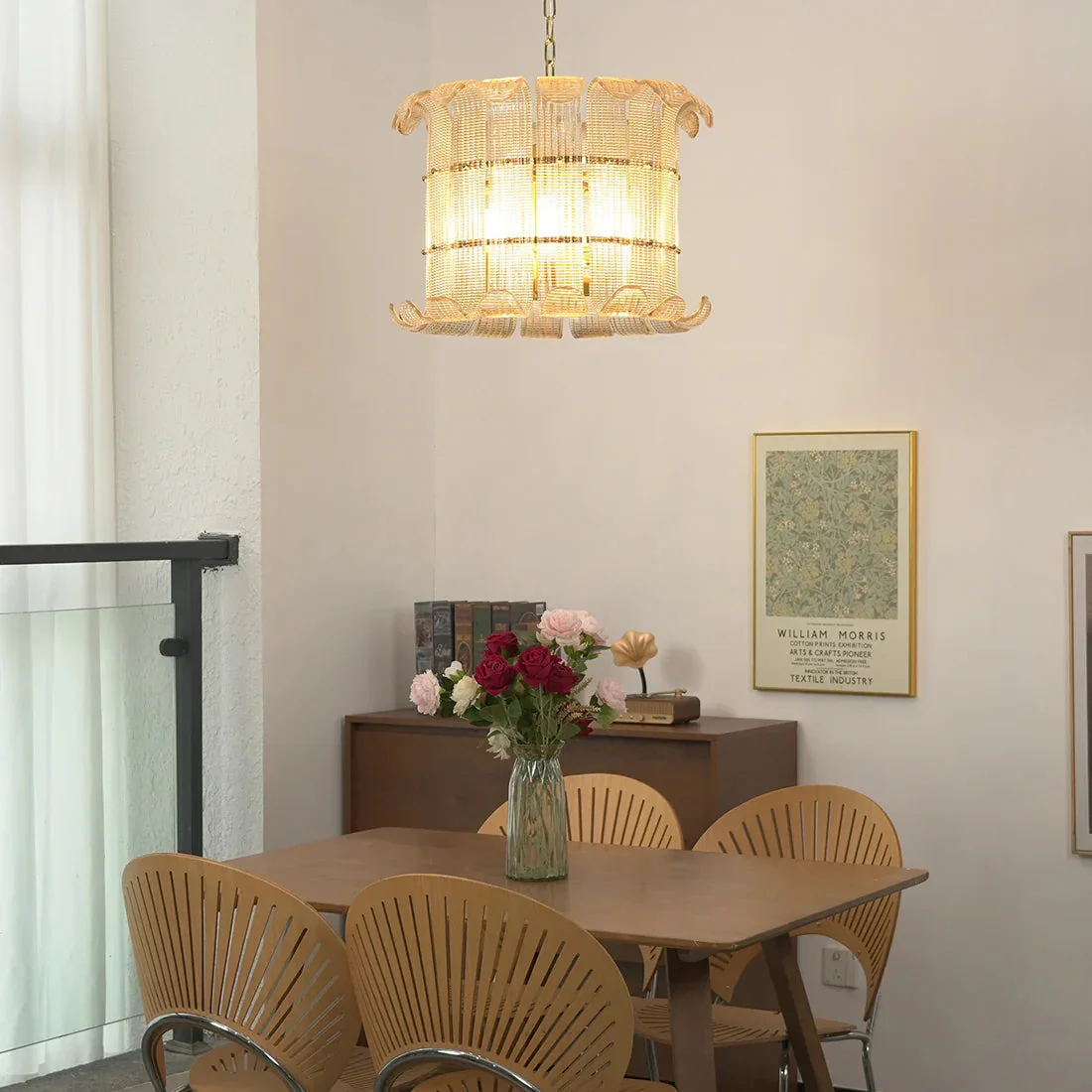 Curved Ribbed Glass Drum Chandelier – Gold Slat Pendant Light E12/E14 - Image 10