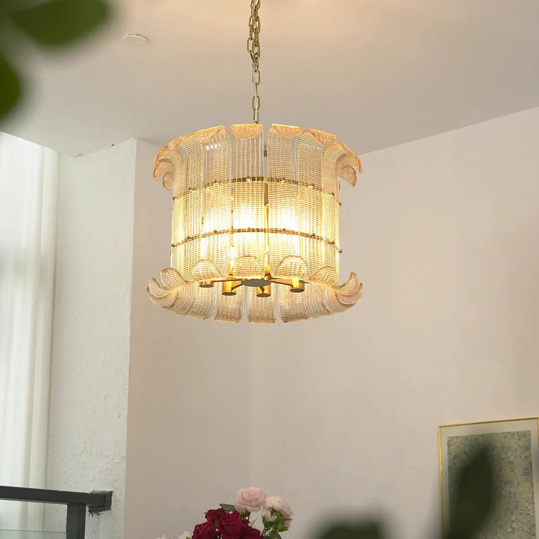 Curved Ribbed Glass Drum Chandelier – Gold Slat Pendant Light E12/E14 - Image 11