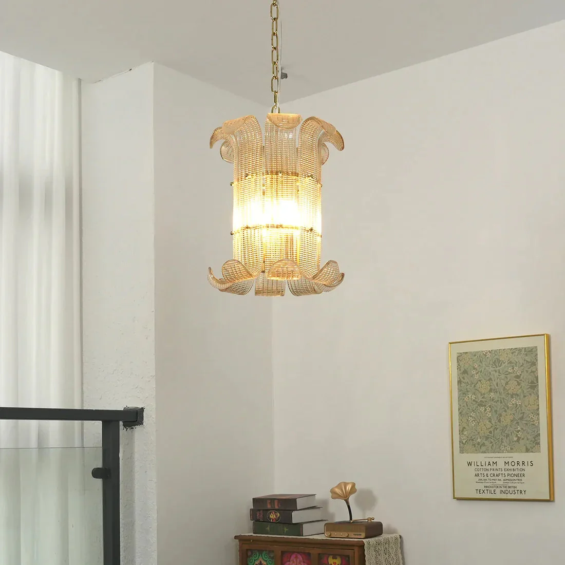 Curved Ribbed Glass Drum Chandelier – Gold Slat Pendant Light E12/E14 - Image 12