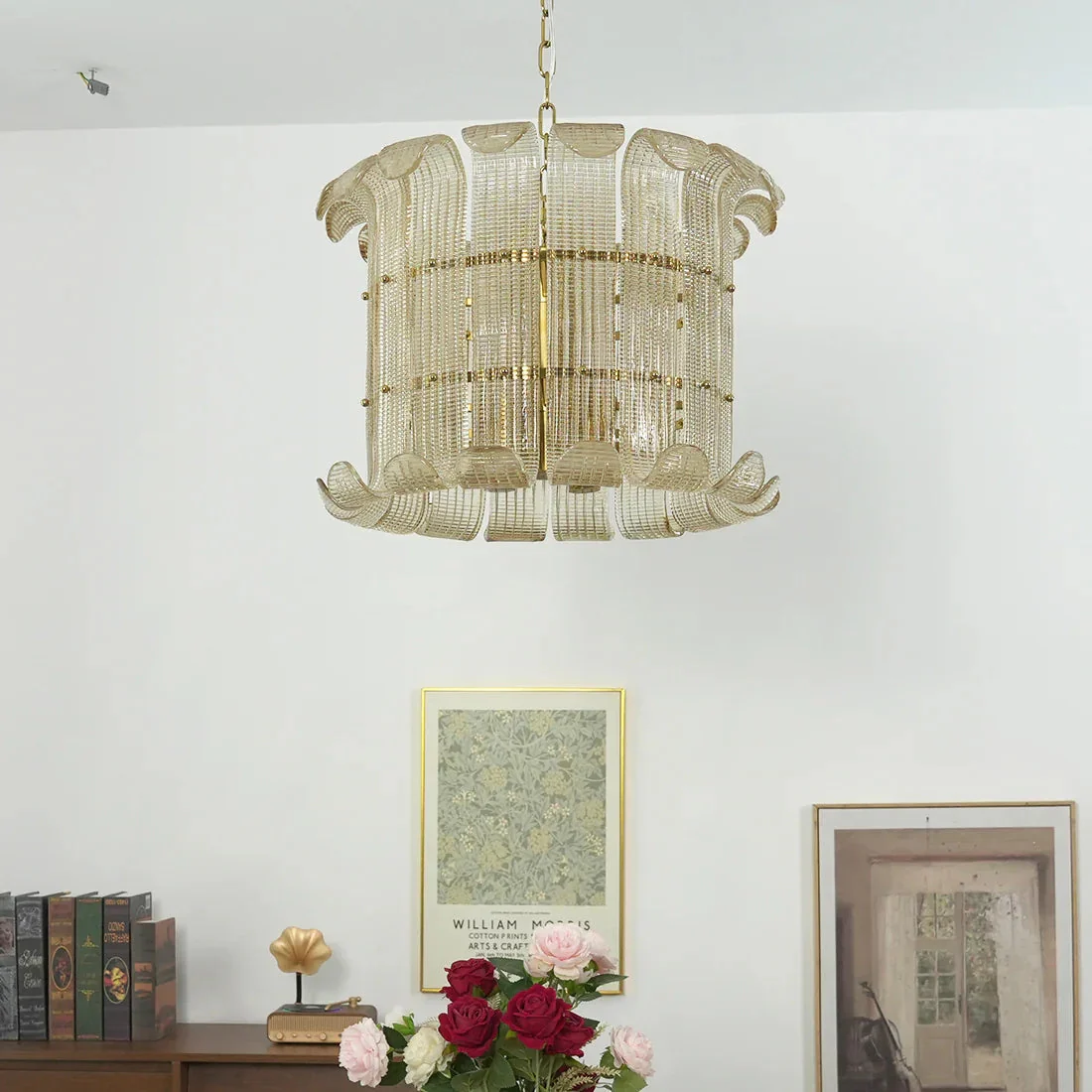 Curved Ribbed Glass Drum Chandelier – Gold Slat Pendant Light E12/E14 - Image 14