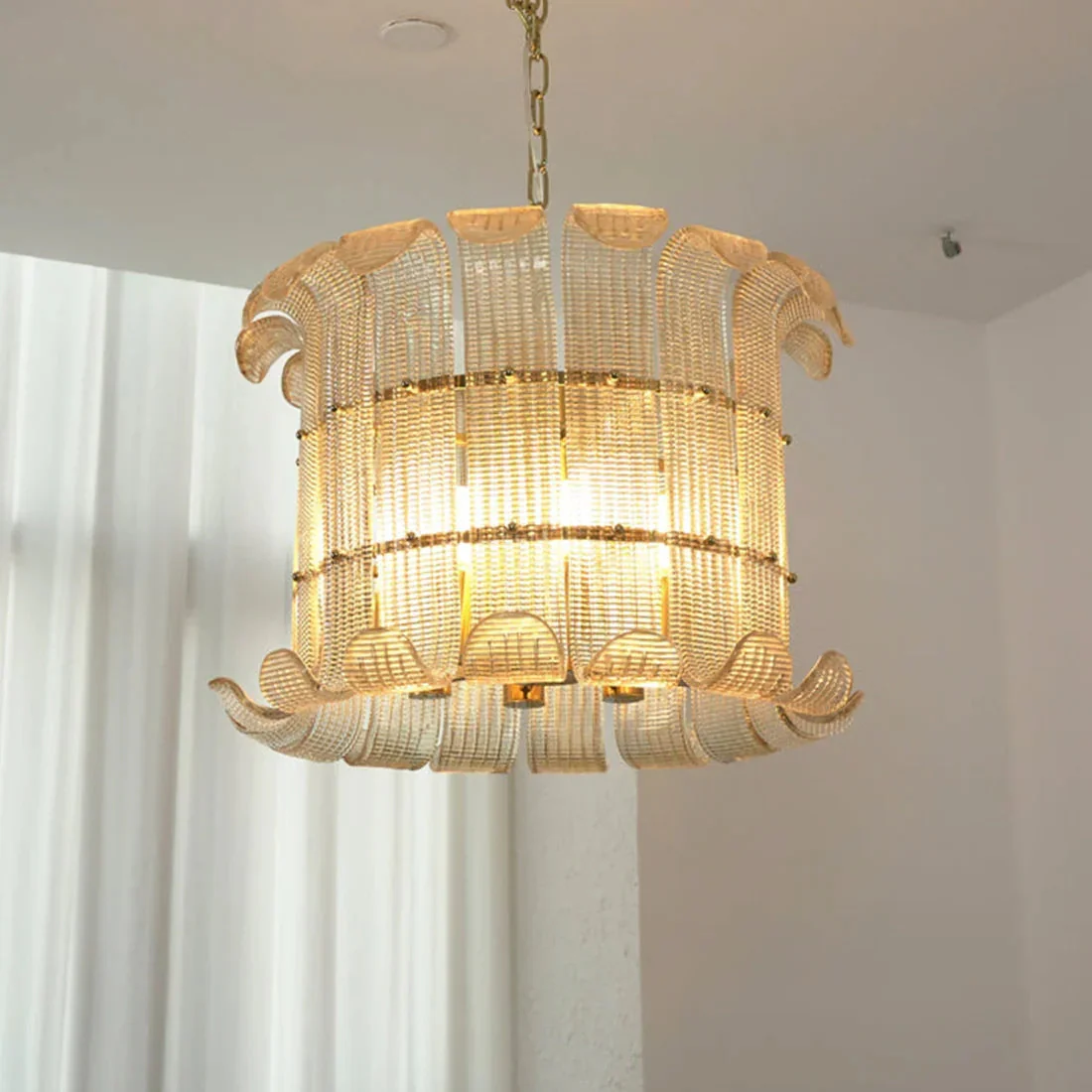 Curved Ribbed Glass Drum Chandelier – Gold Slat Pendant Light E12/E14 - Image 15