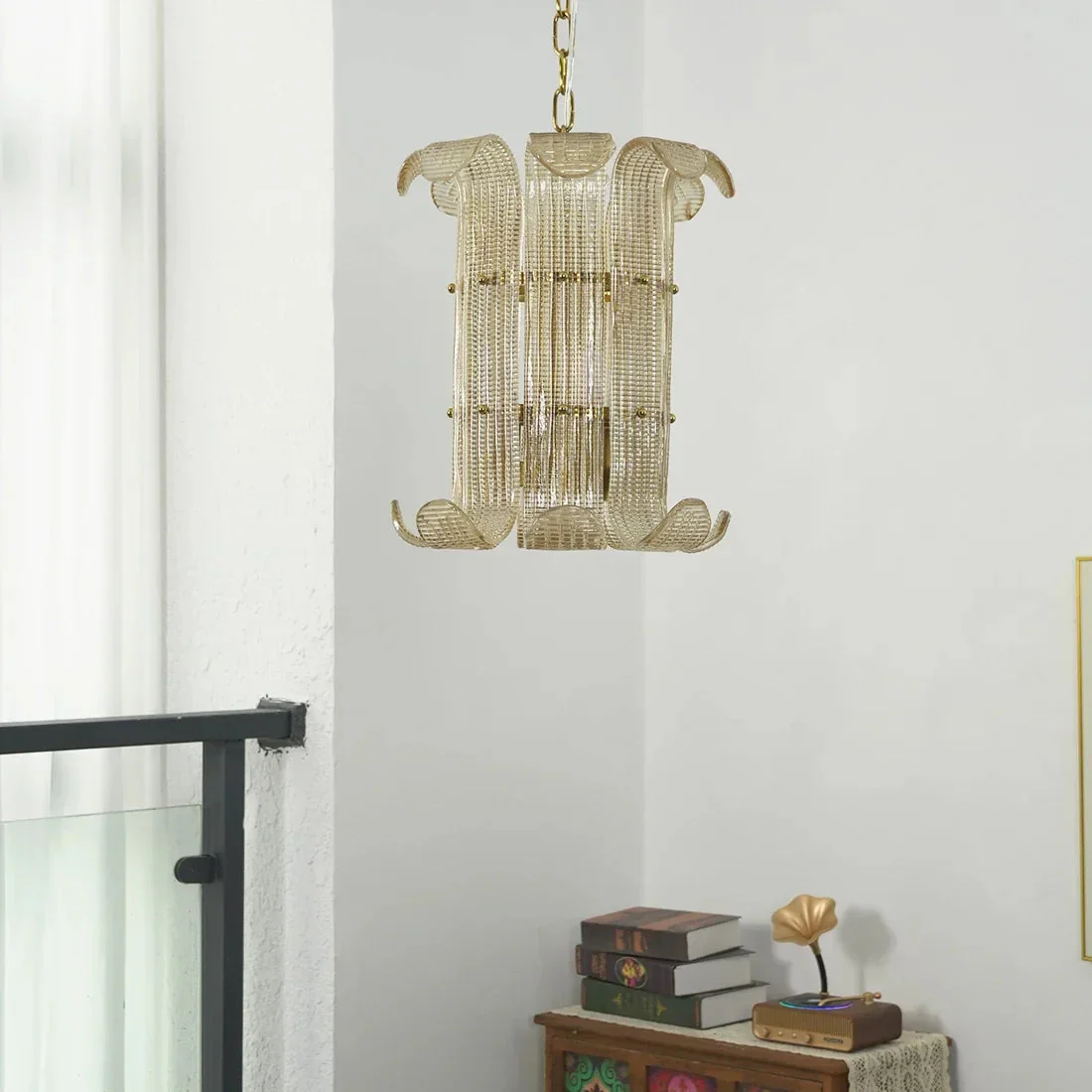 Curved Ribbed Glass Drum Chandelier – Gold Slat Pendant Light E12/E14 - Image 16