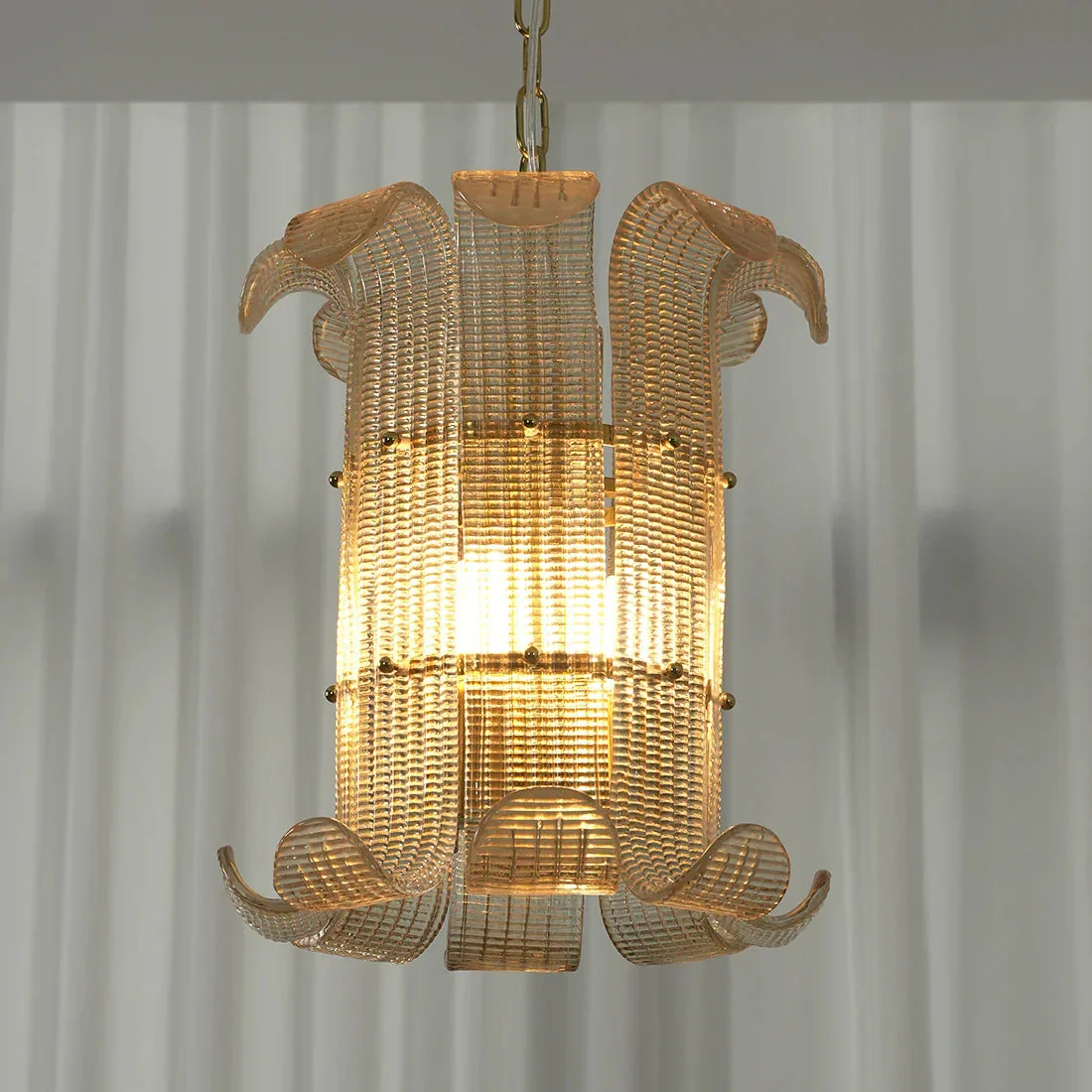 Curved Ribbed Glass Drum Chandelier – Gold Slat Pendant Light E12/E14 - Image 17