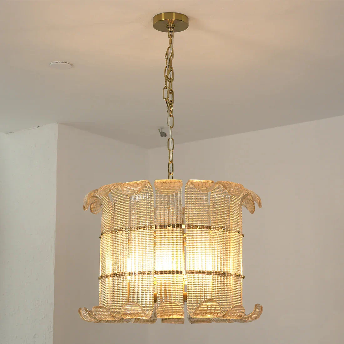 Curved Ribbed Glass Drum Chandelier – Gold Slat Pendant Light E12/E14 - Image 2