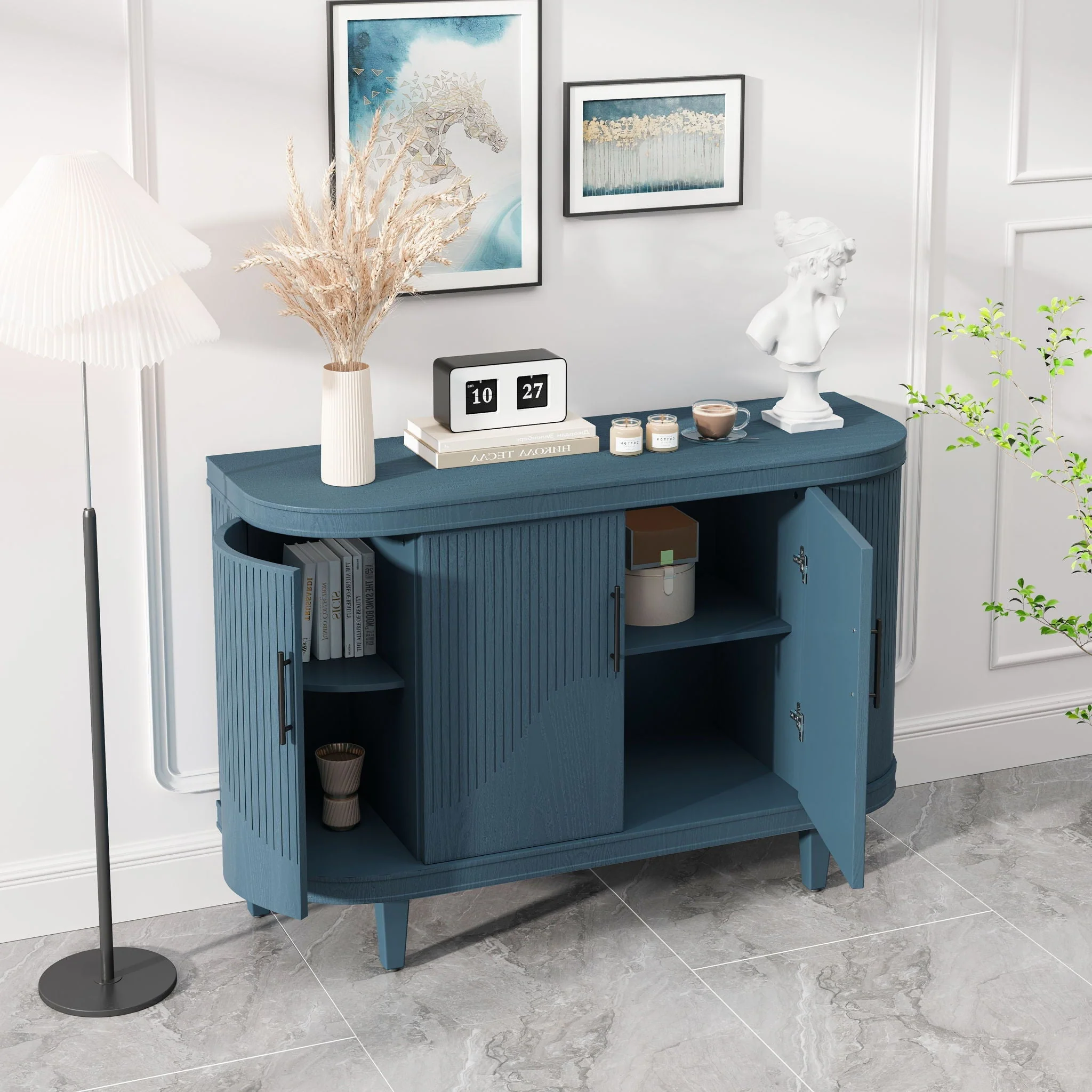 Curved Sideboard Wooden Console Table With 4 Doors And Adjustable Shelves For Living Room - Blue - Image 3