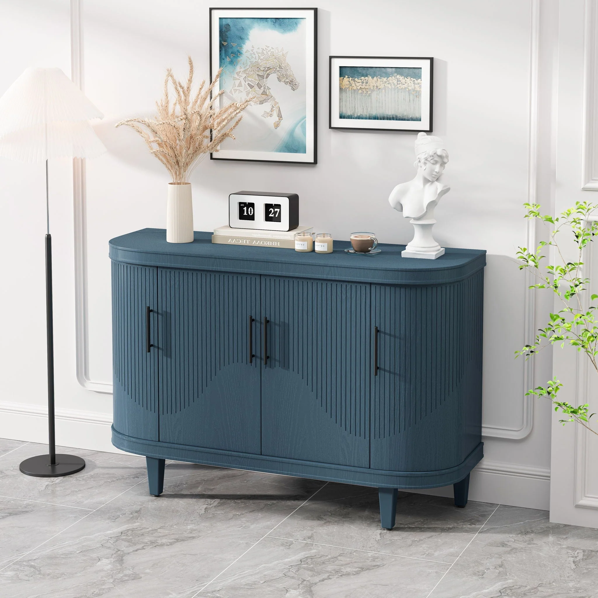 Curved Sideboard Wooden Console Table With 4 Doors And Adjustable Shelves For Living Room - Blue - Image 4