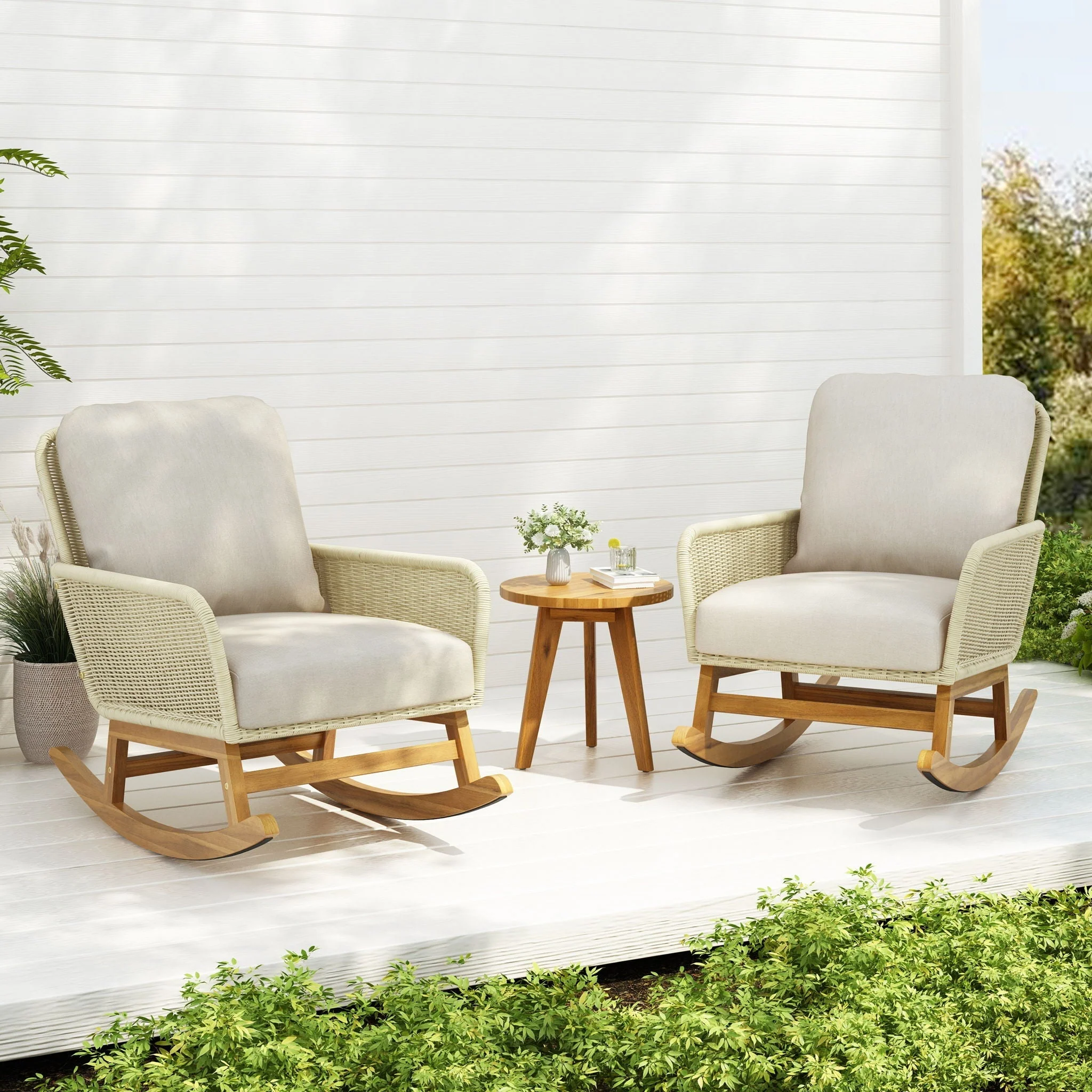 Cushioned Rattan Rocking Chairs With Wooden Accent Table Modern 3 Piece Outdoor Seating Set For Patio Relaxation - Ivory - Image 2