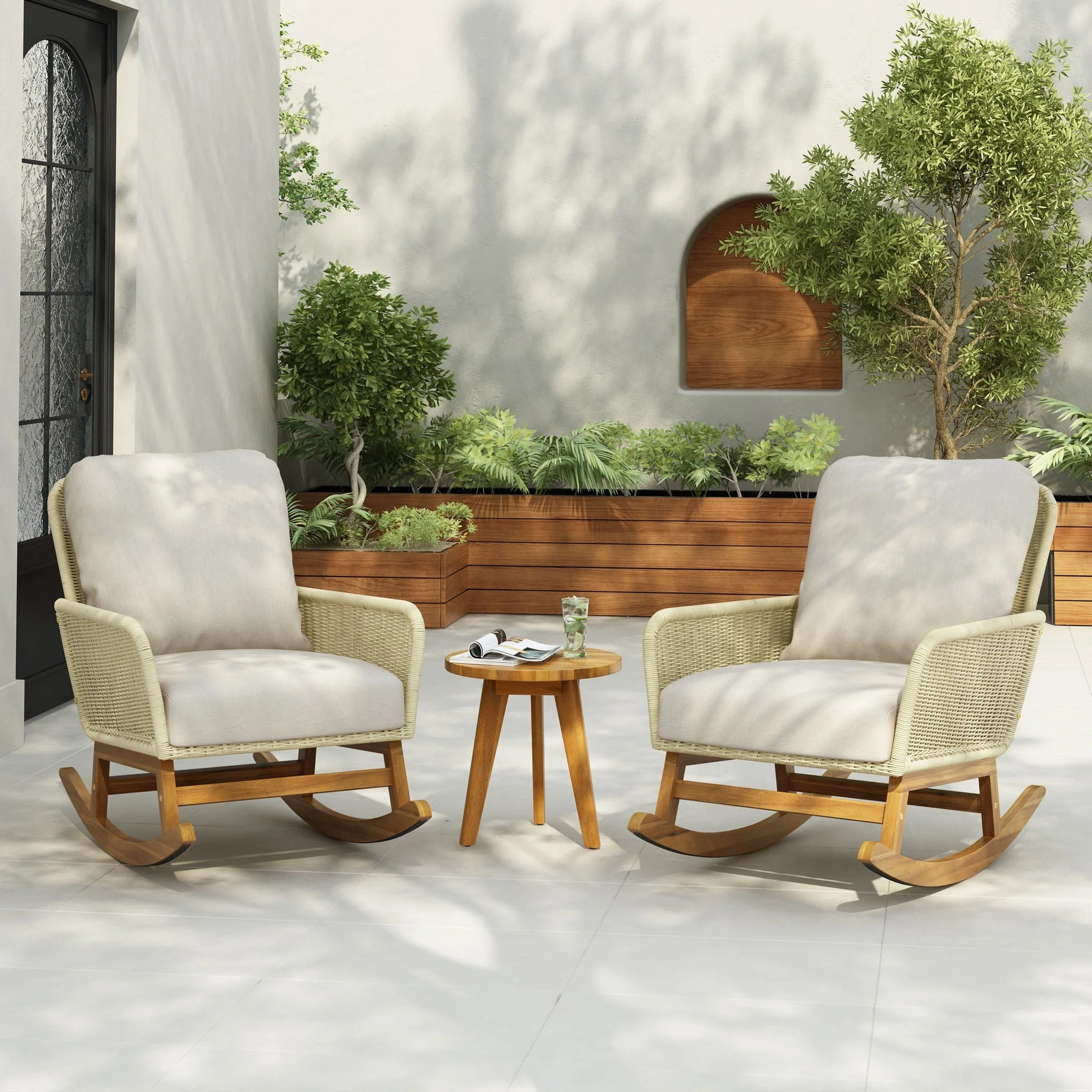 Cushioned Rattan Rocking Chairs With Wooden Accent Table Modern 3 Piece Outdoor Seating Set For Patio Relaxation - Ivory - Image 3