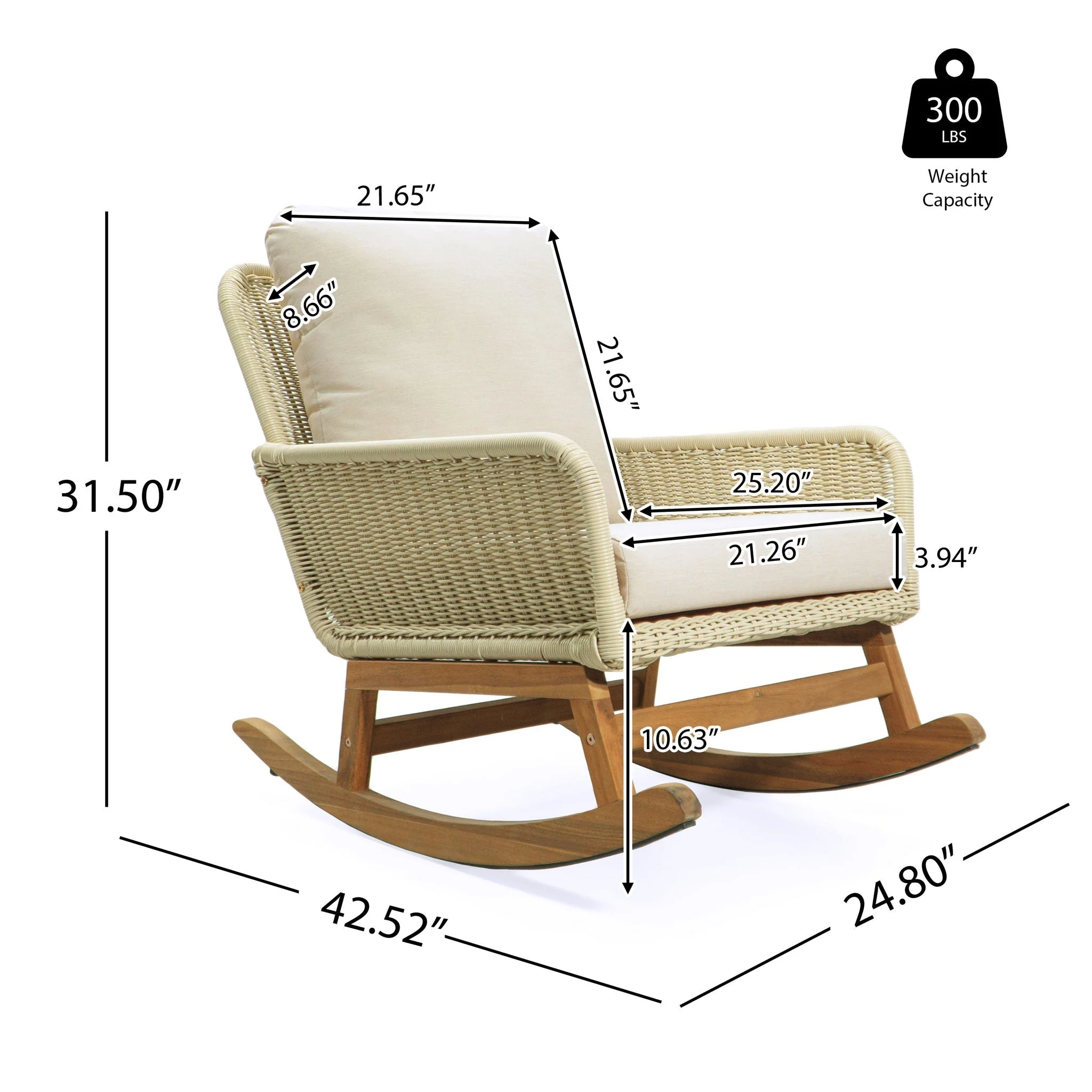 Cushioned Rattan Rocking Chairs With Wooden Accent Table Modern 3 Piece Outdoor Seating Set For Patio Relaxation - Ivory - Image 4