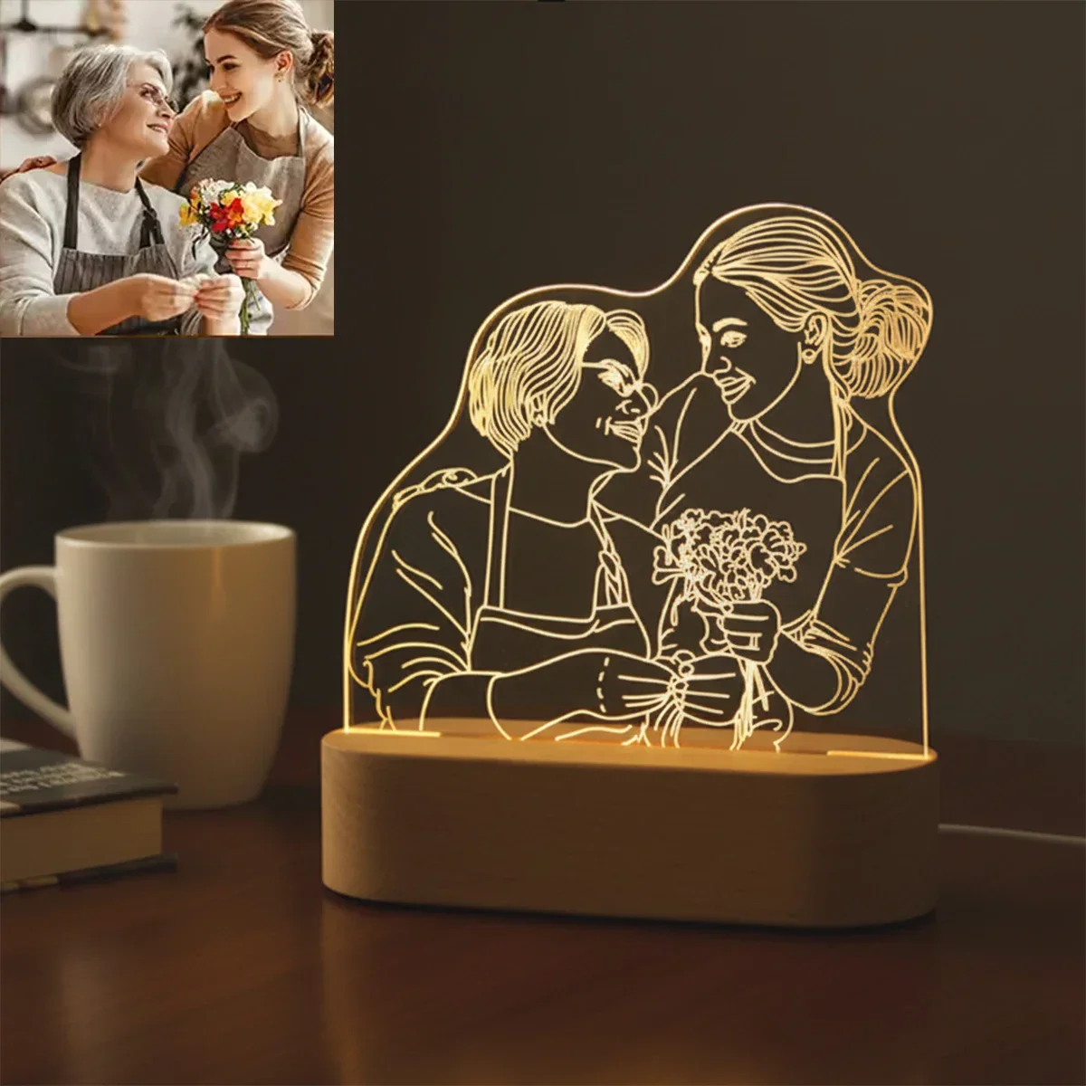 Custom 3D Photo Lamp LED Night Light Wooden Base Personalized Gift