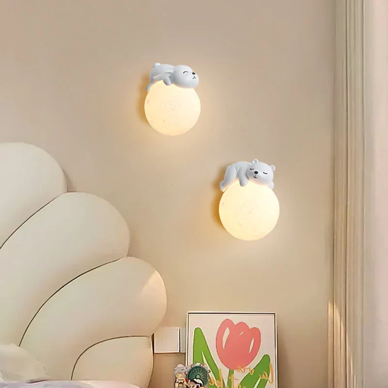Cute Bear Moon Wall Light Kids Bedroom Nursery Night Light Cartoon Animal Lamp - Image 2
