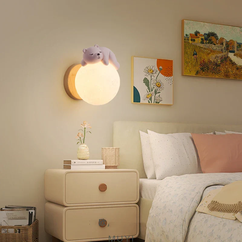 Cute Bear Moon Wall Light Kids Bedroom Nursery Night Light Cartoon Animal Lamp - Image 4