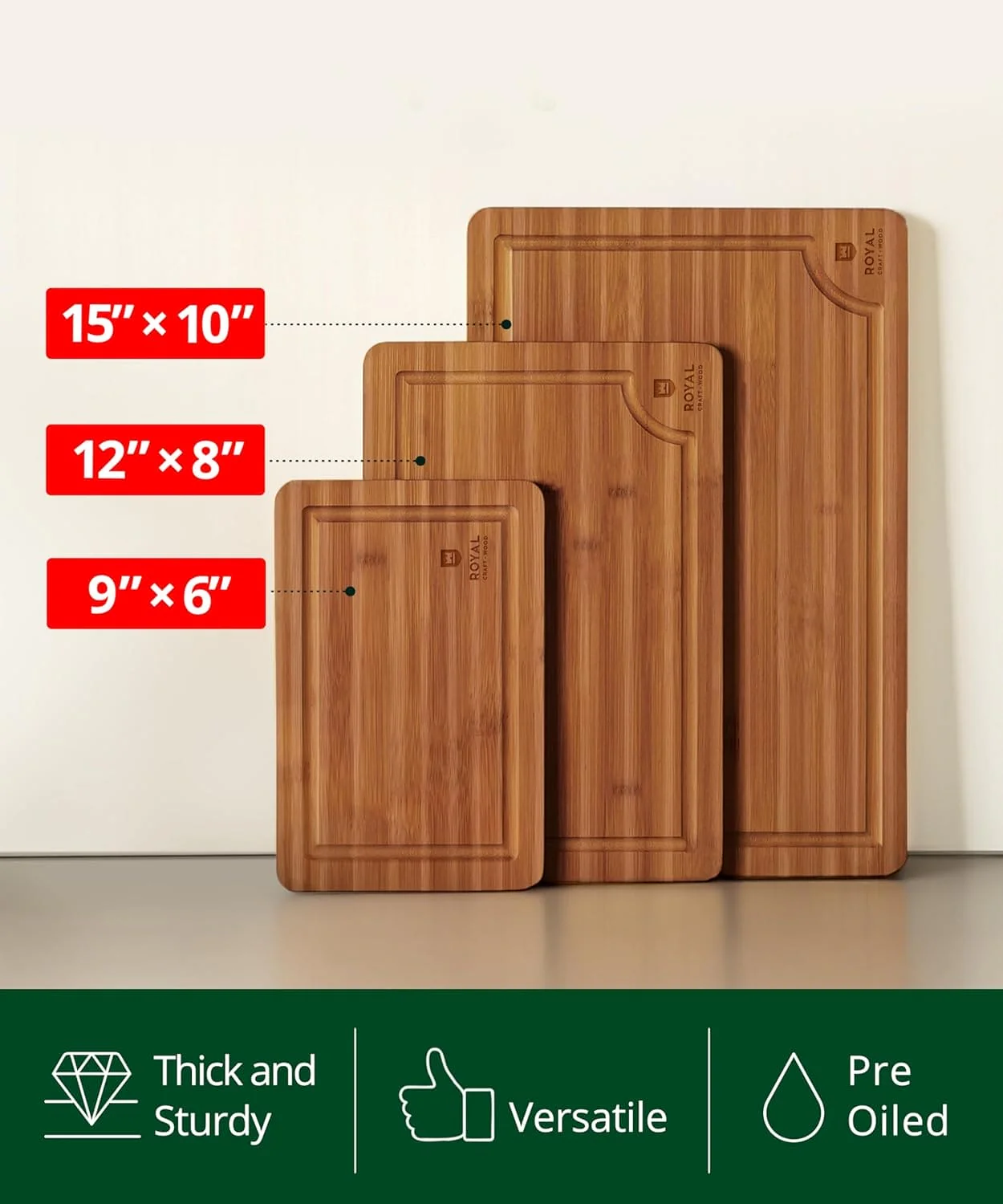 Cutting Board Set of 3, Bamboo, Brown - Image 3