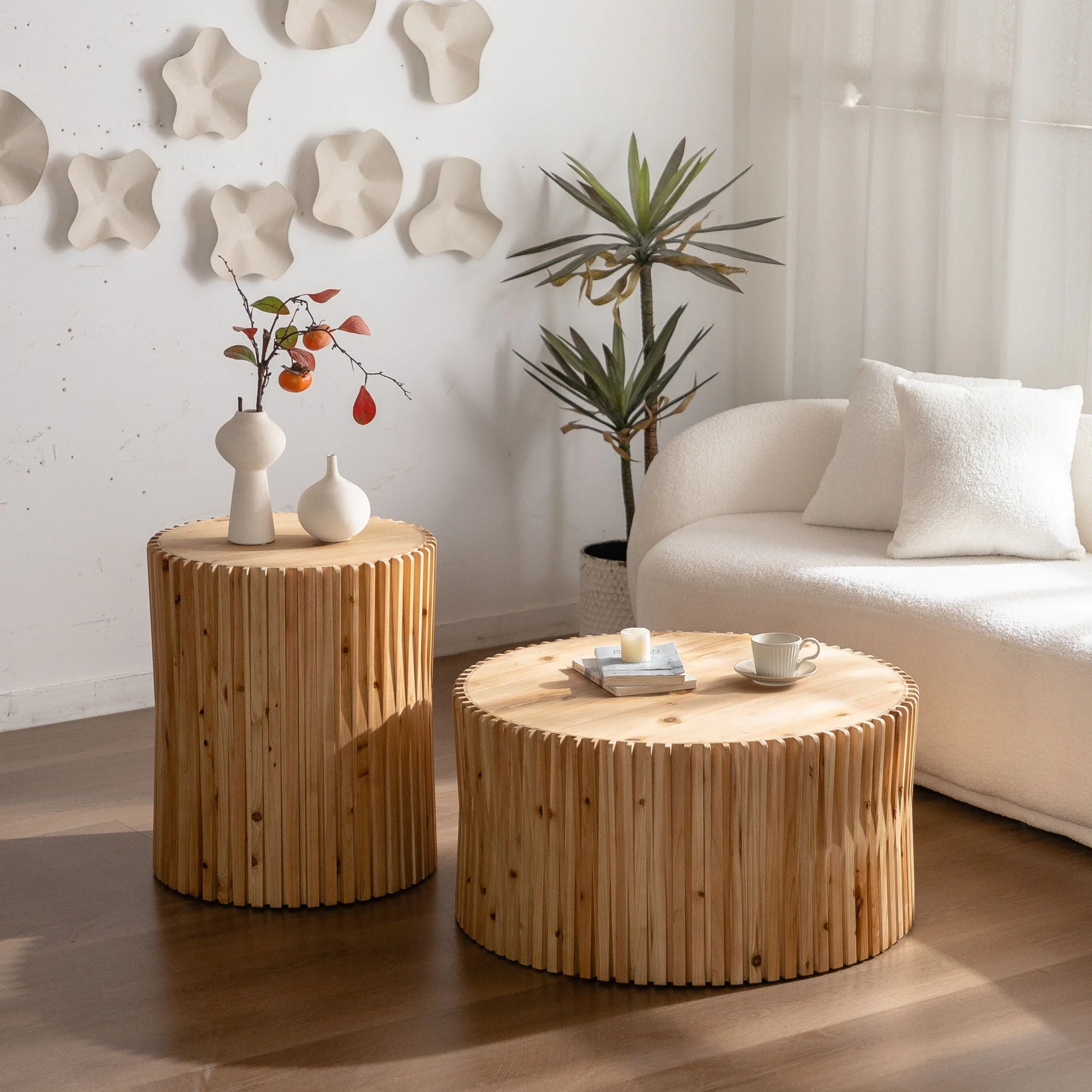 Cylindrical Coffee Table With Vertical Texture Relief For Living Room (Set of 2) - Natural - Image 2