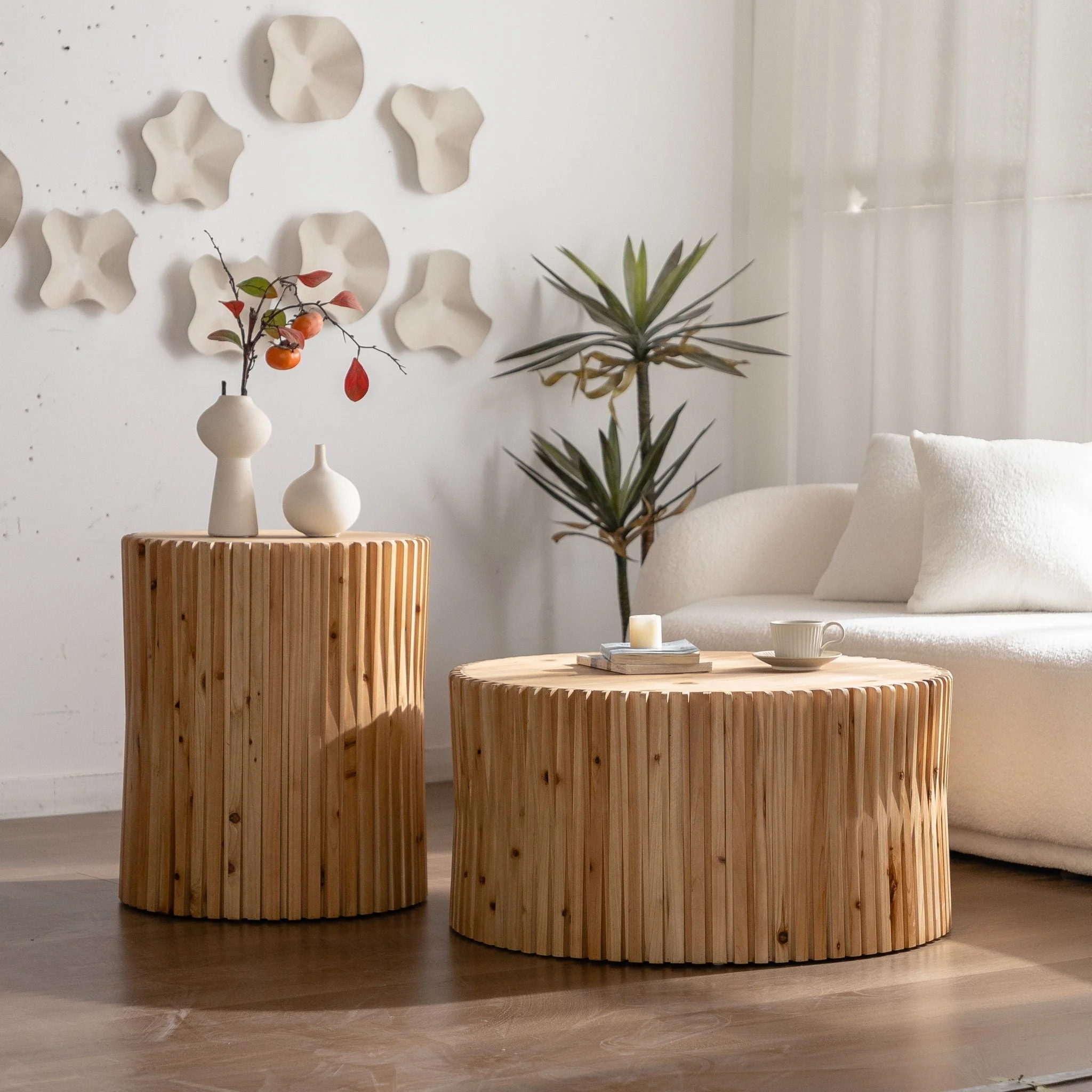 Cylindrical Coffee Table With Vertical Texture Relief For Living Room (Set of 2) - Natural - Image 3