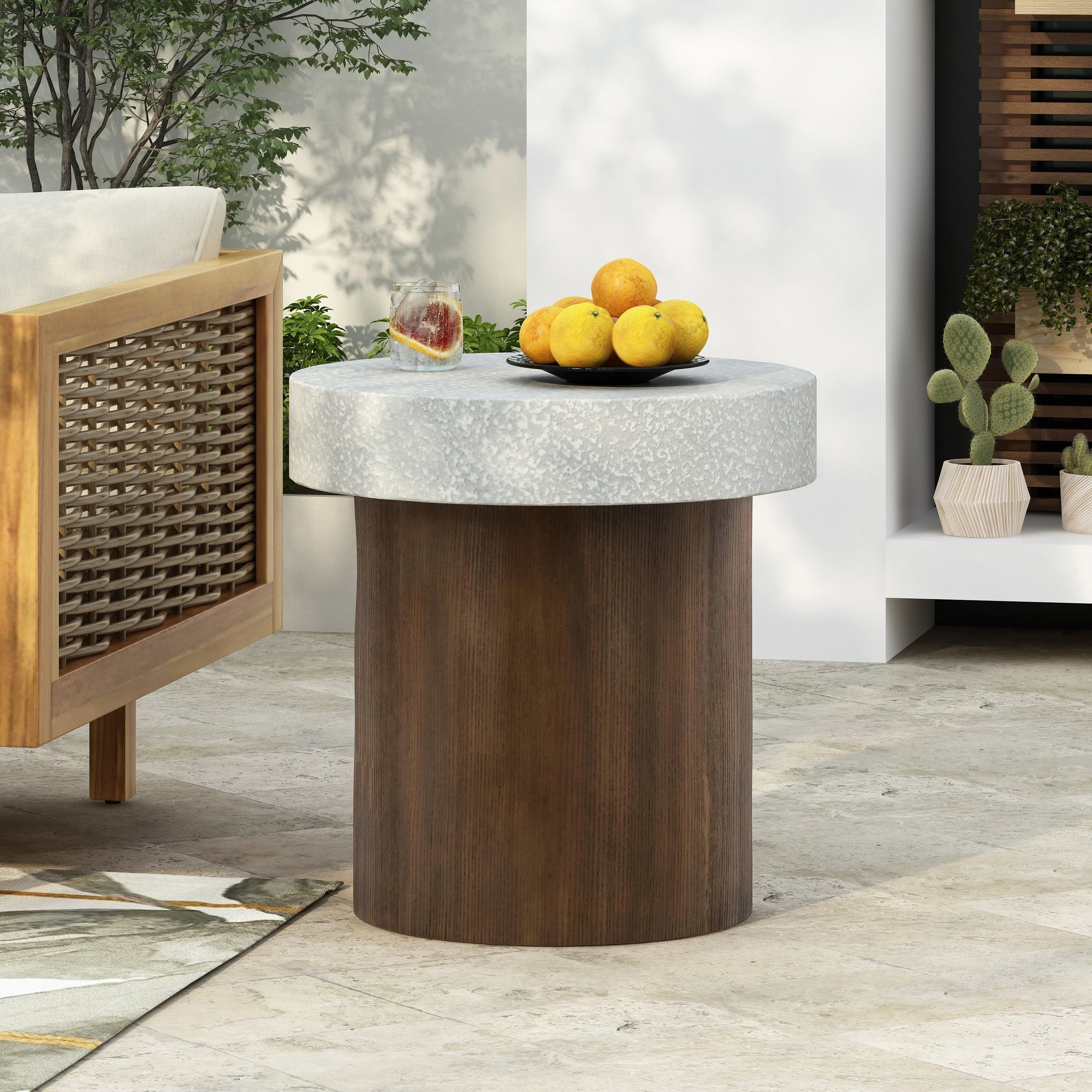 Cylindrical Side Table with Antique White Faux Stone Top and Natural Wood Base - Image 2