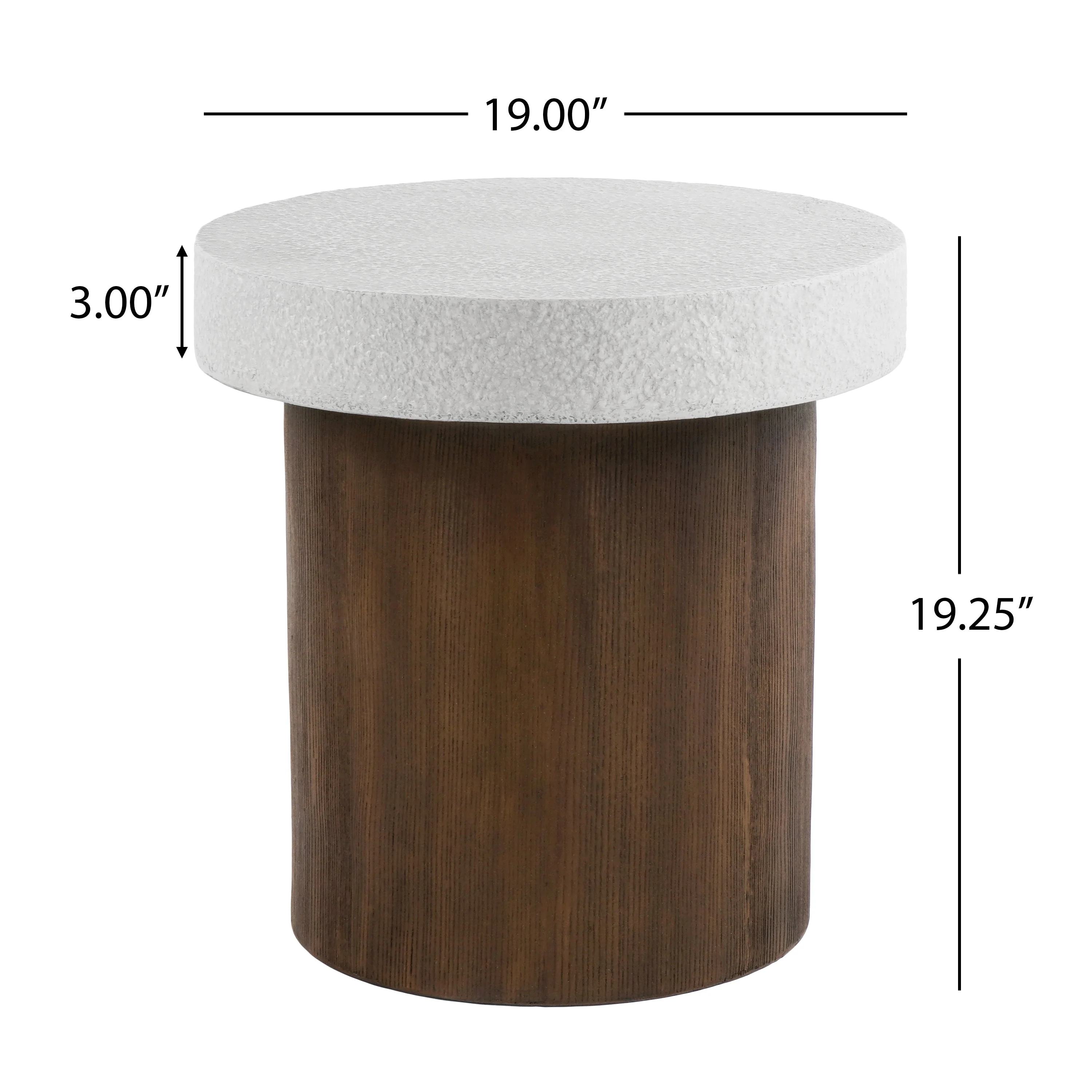 Cylindrical Side Table with Antique White Faux Stone Top and Natural Wood Base - Image 3