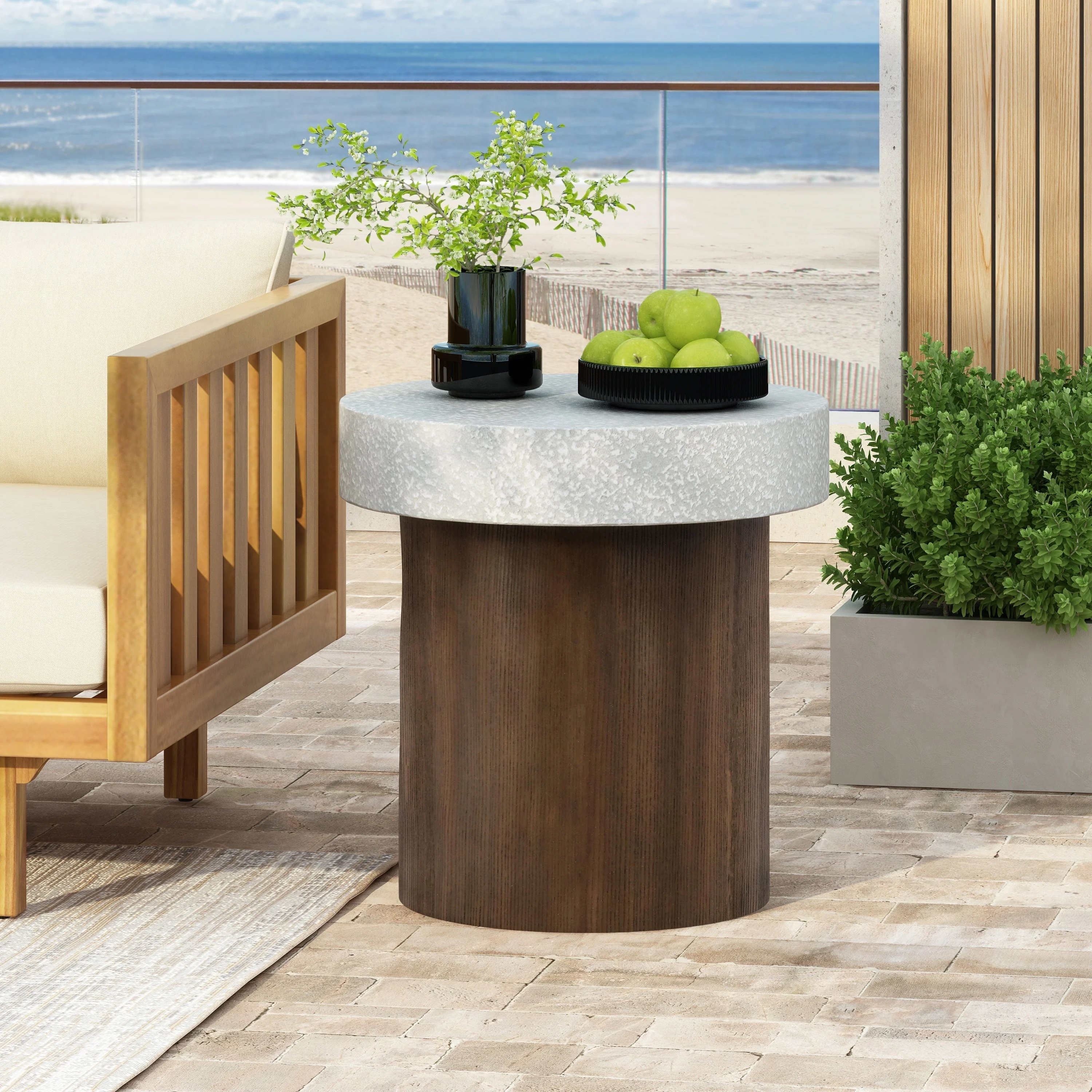 Cylindrical Side Table with Antique White Faux Stone Top and Natural Wood Base - Image 4