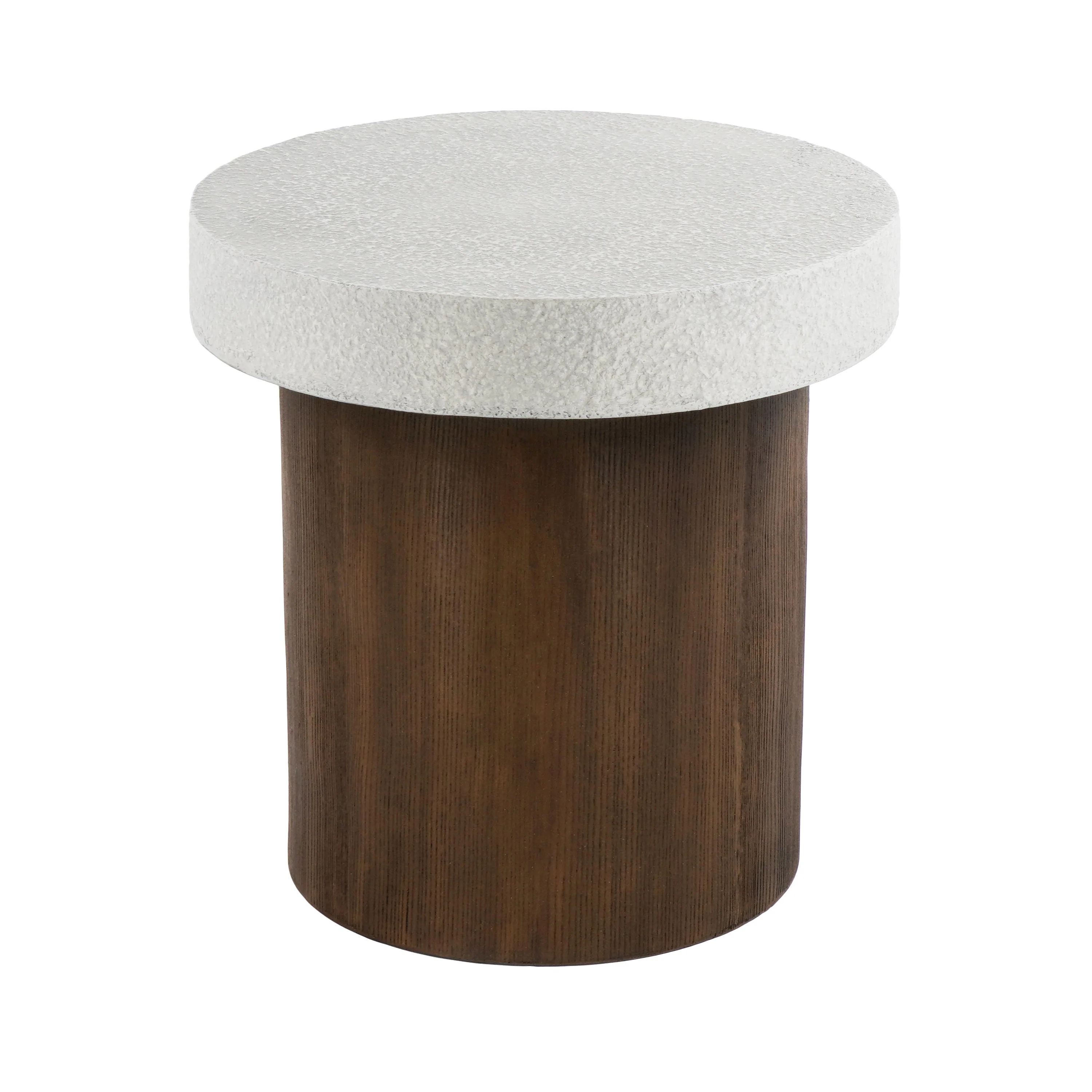 Cylindrical Side Table with Antique White Faux Stone Top and Natural Wood Base - Image 5