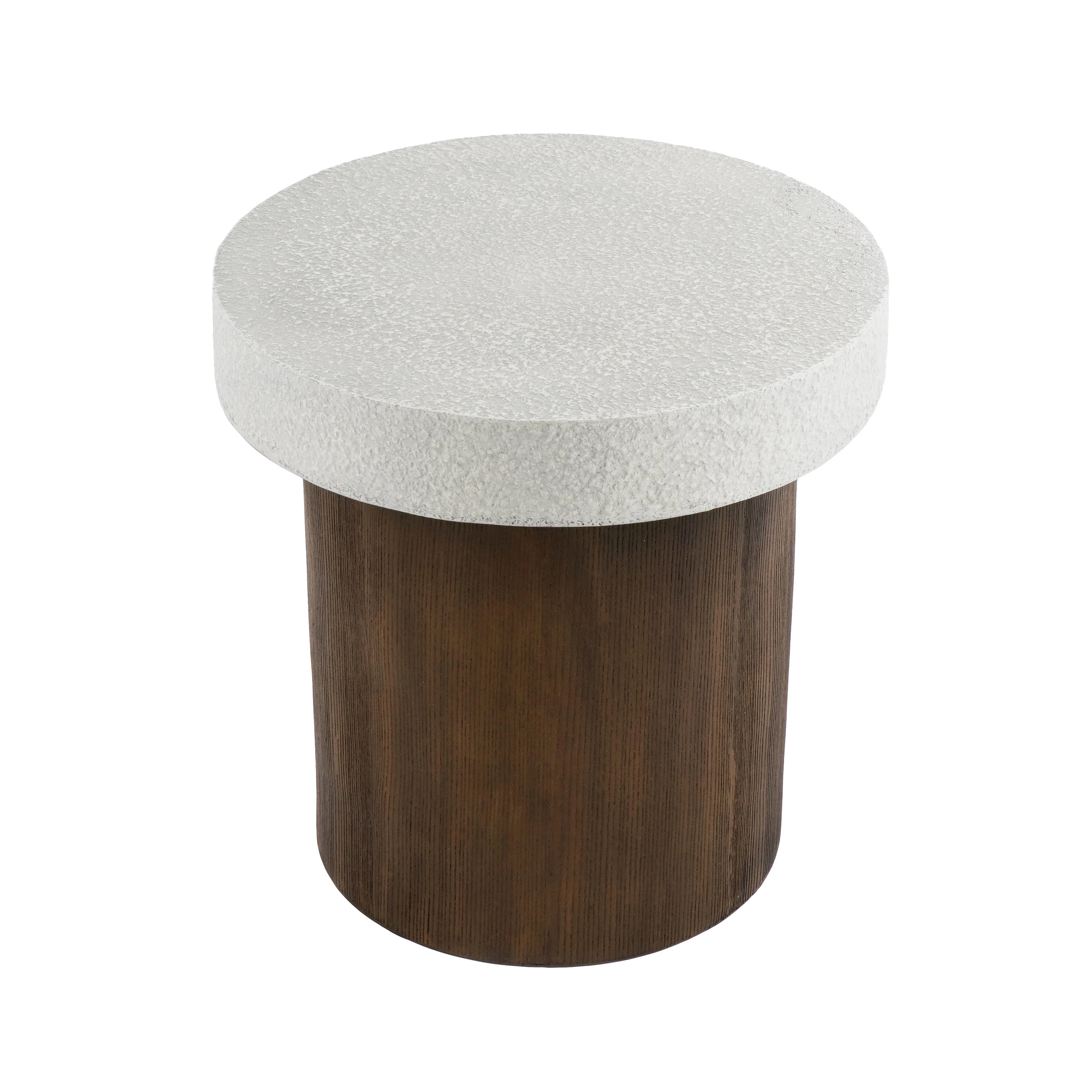 Cylindrical Side Table with Antique White Faux Stone Top and Natural Wood Base - Image 6