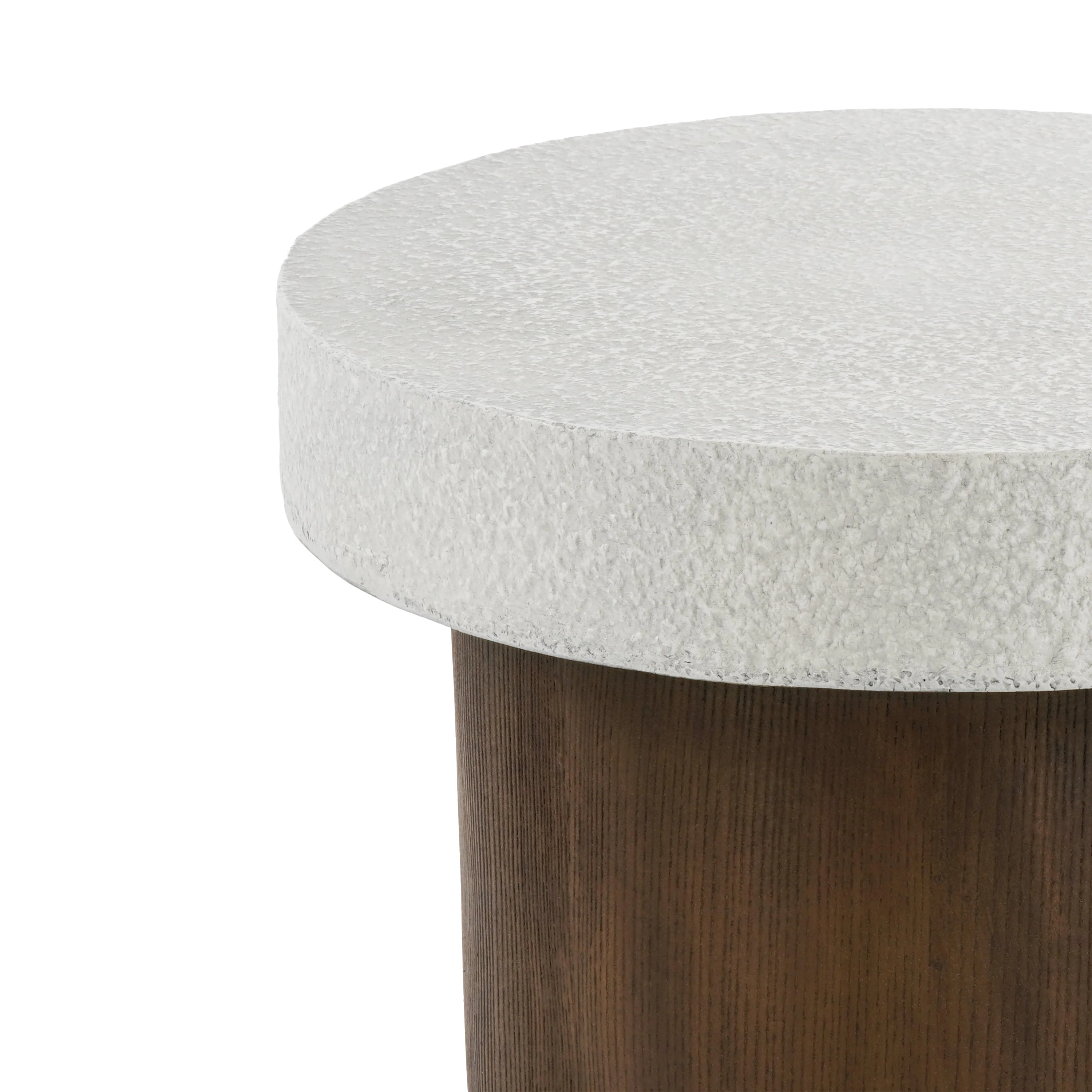 Cylindrical Side Table with Antique White Faux Stone Top and Natural Wood Base - Image 8